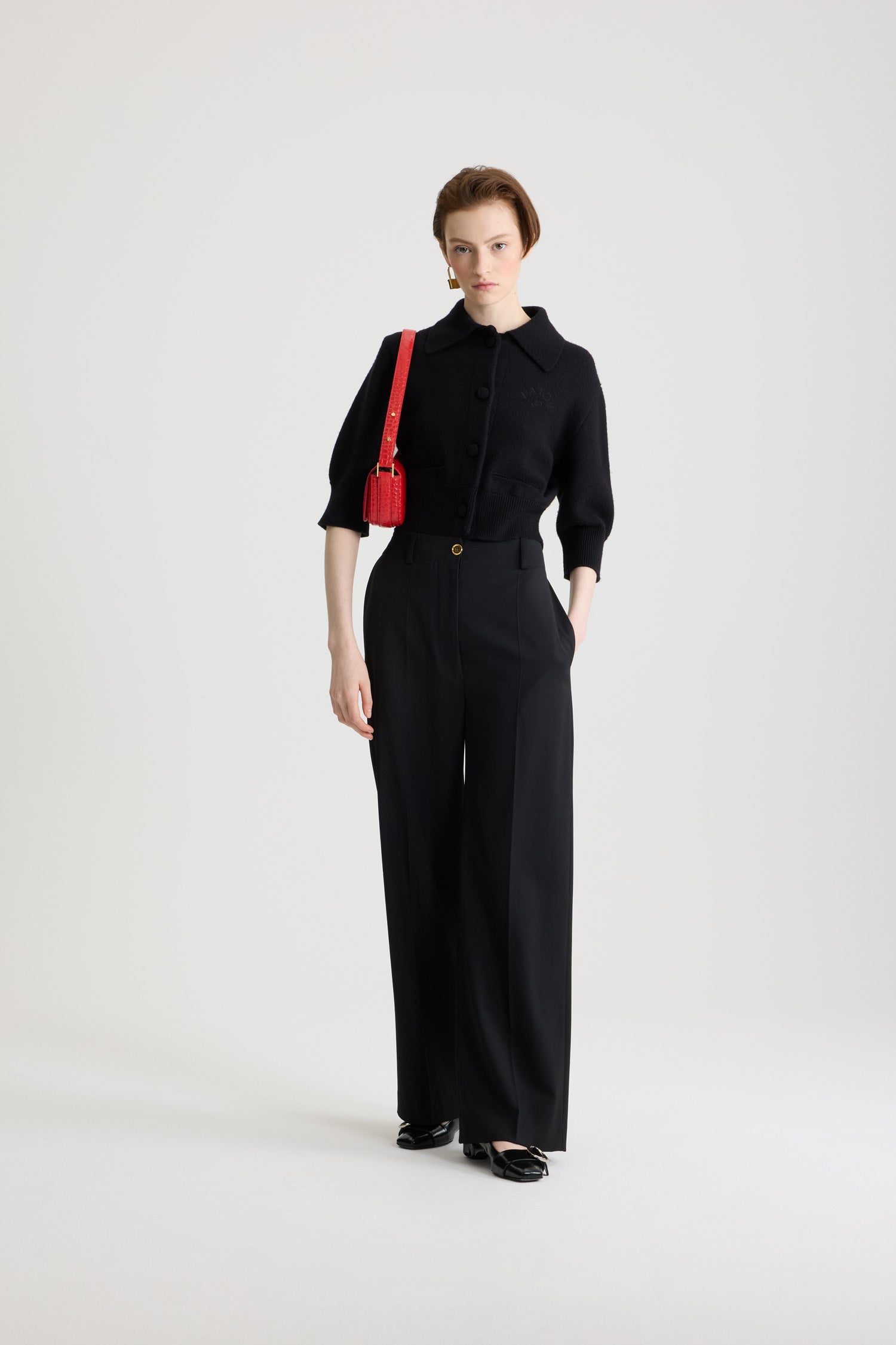 Patou KN290 cardigan court Black laine mérinos XS-XL