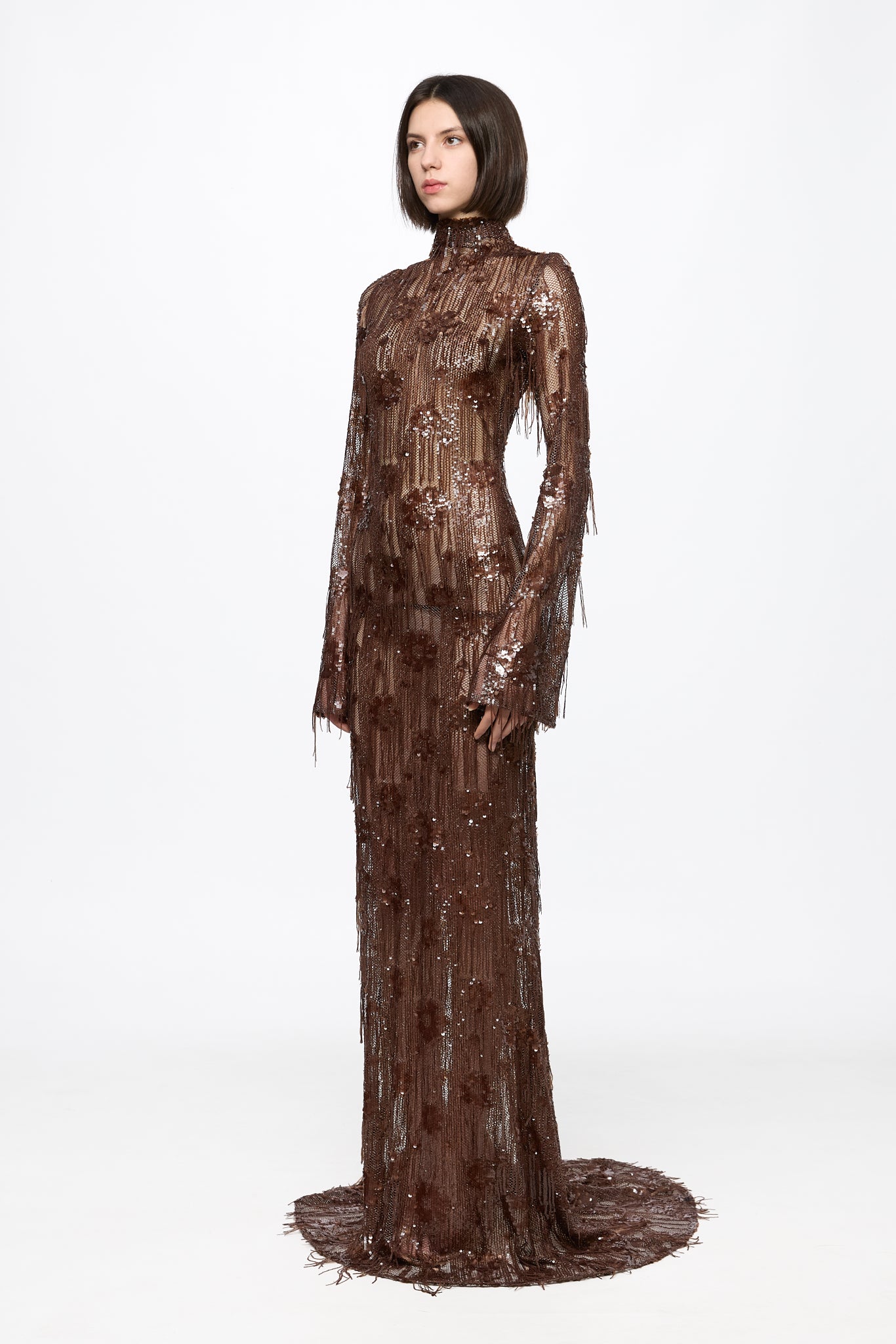 ATU Body Couture Long robe longue sequins marron chocolat S