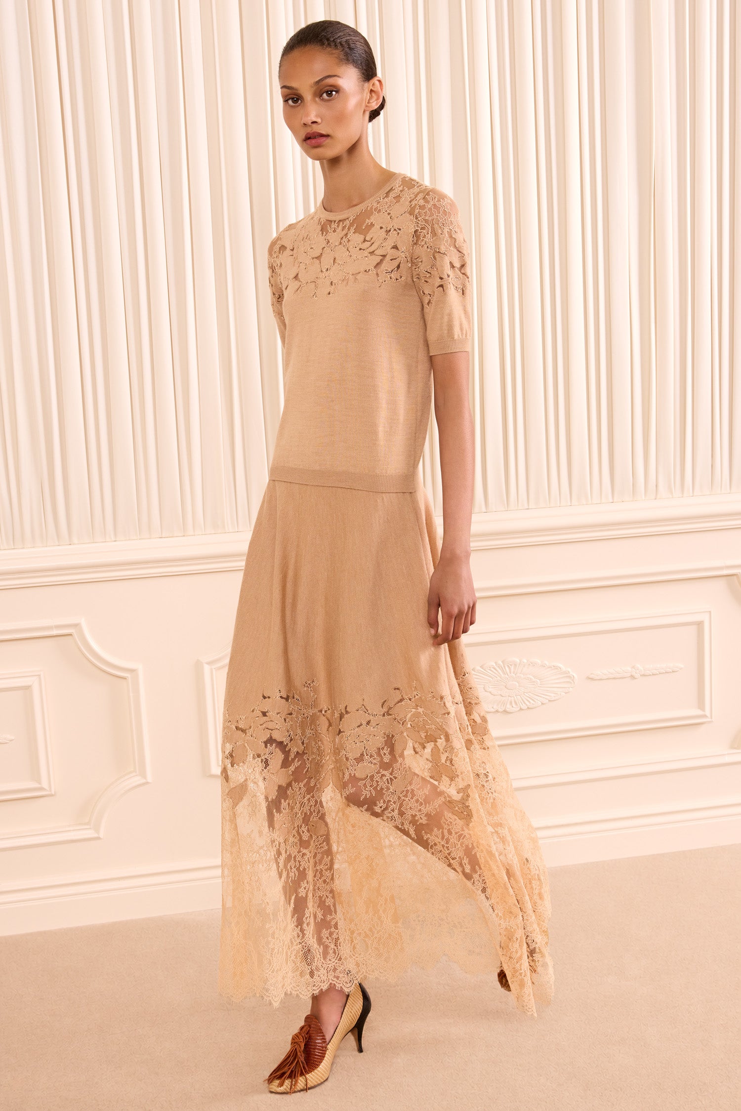 Ulla Johnson Ella top dentelle laine Almond manches courtes