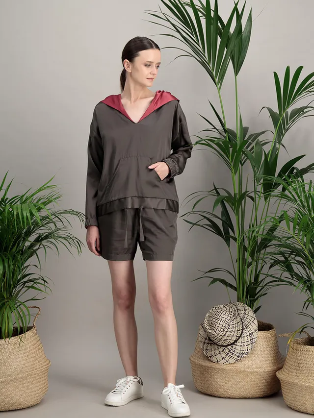 Anahide Saint André Nomade sweat soie capuche taupe rose
