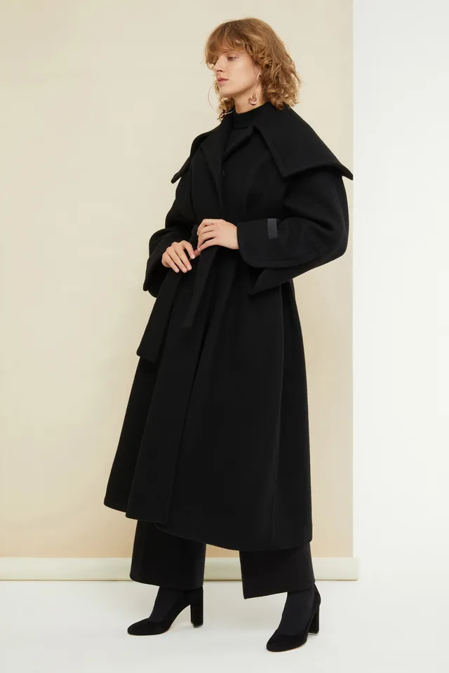 Patou CO007 manteau laine cachemire noir ceinturé