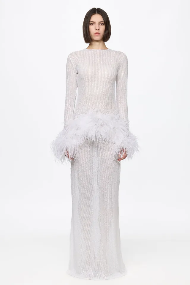 ATU Body Couture High Neck Sequin robe plumes blanche S