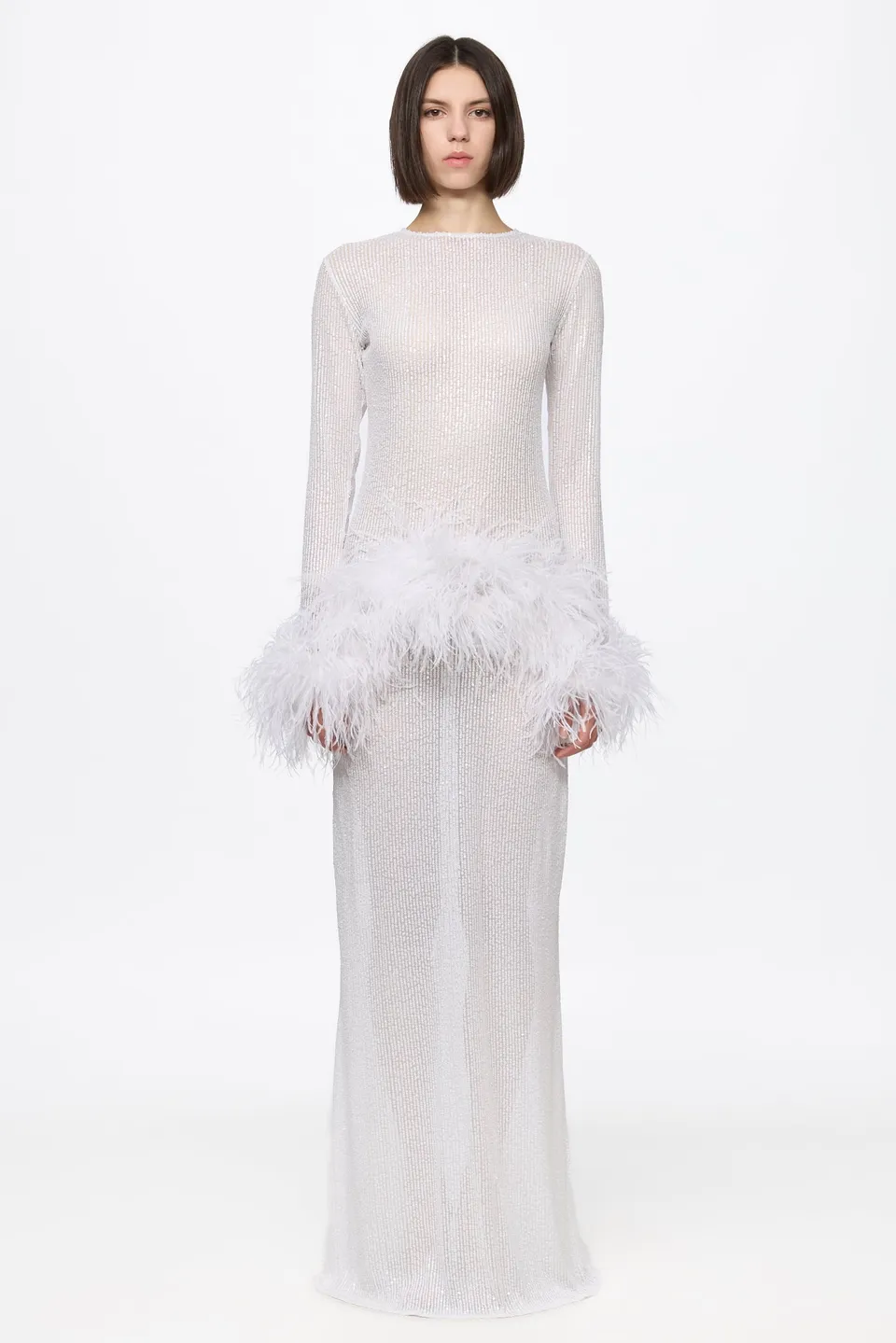 ATU Body Couture High Neck Sequin robe plumes blanche S