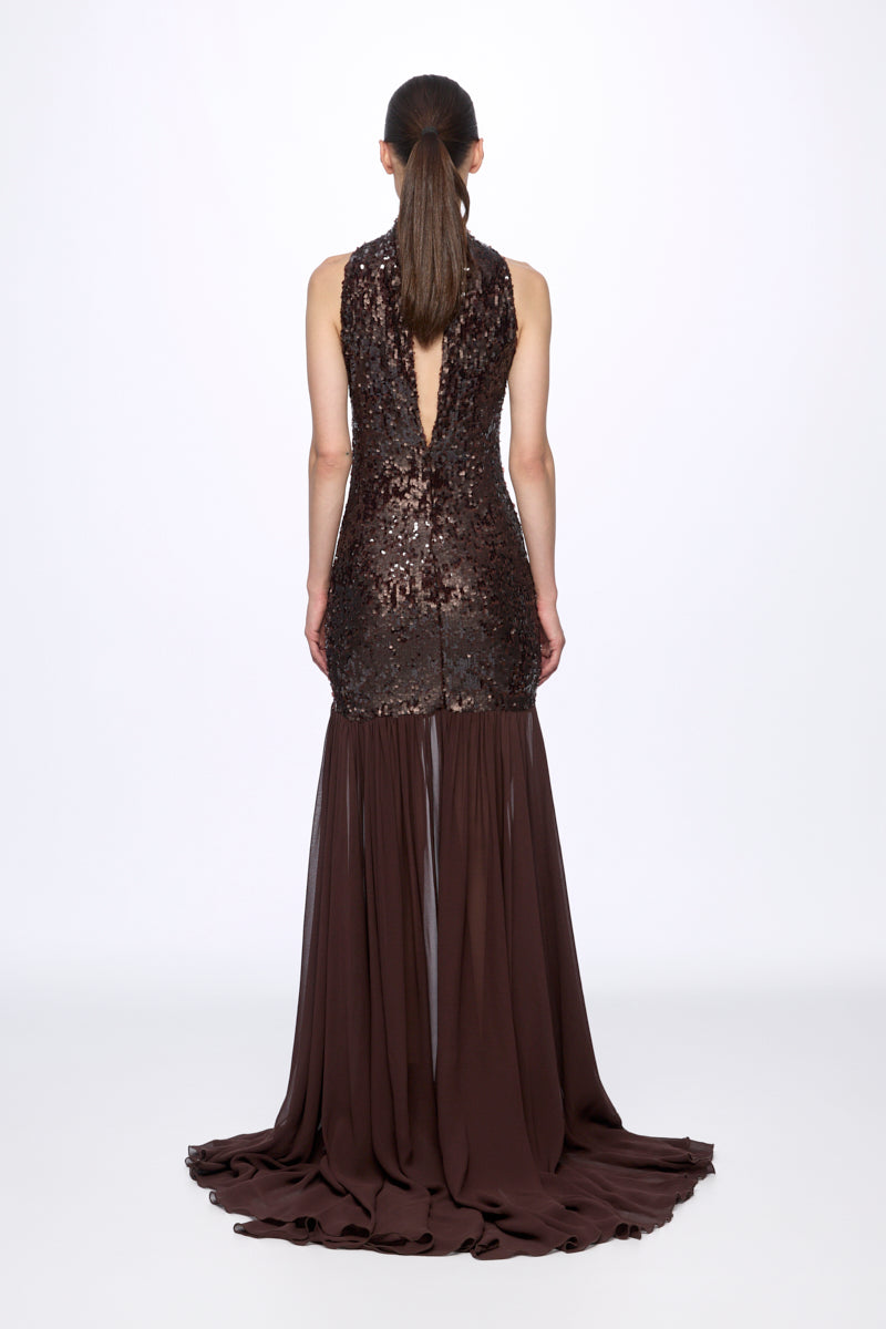 ATU Body Couture robe longue sequins marron col montant dos ouvert