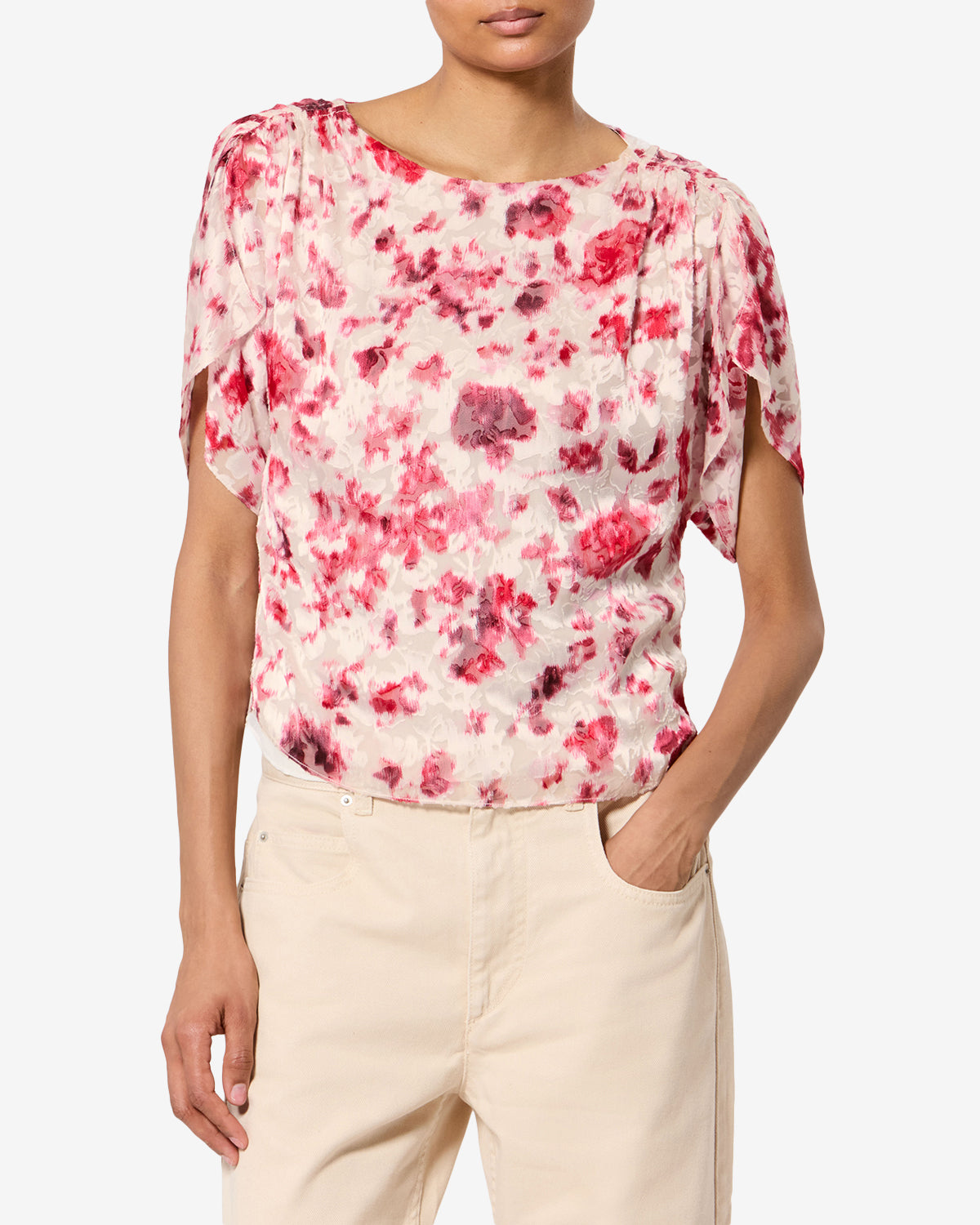 Isabel Marant Hervane HT0962FA top écru-rose soie fleuri