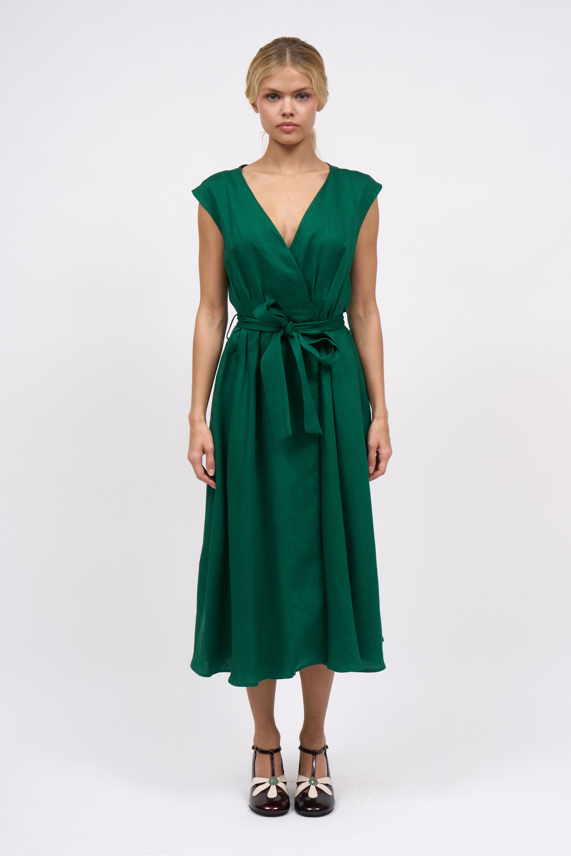 Paul & Joe Shanghai Robe midi lin sans manche vert foncé