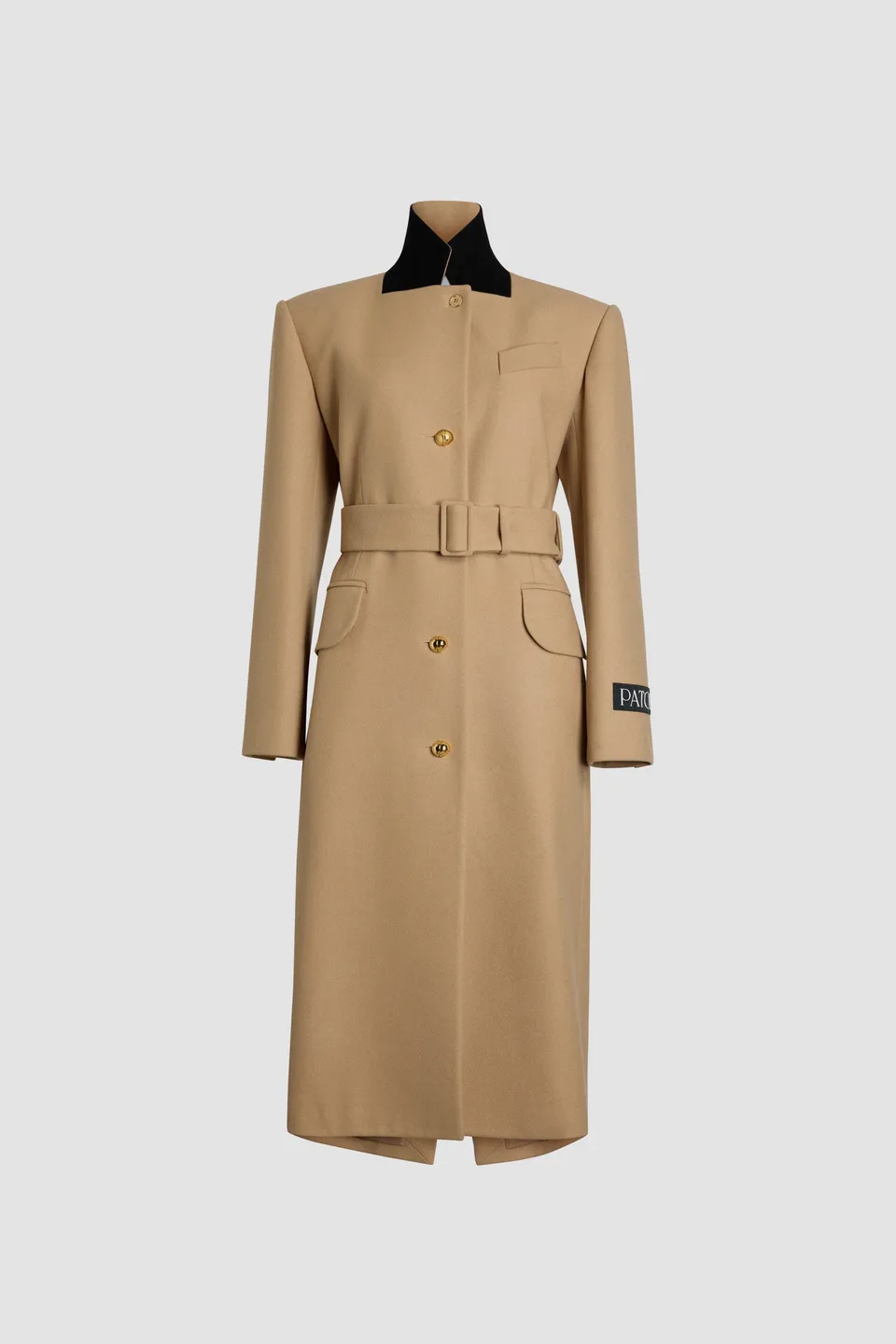 Patou CO024 manteau laine cachemire Beige long droit ceinturé