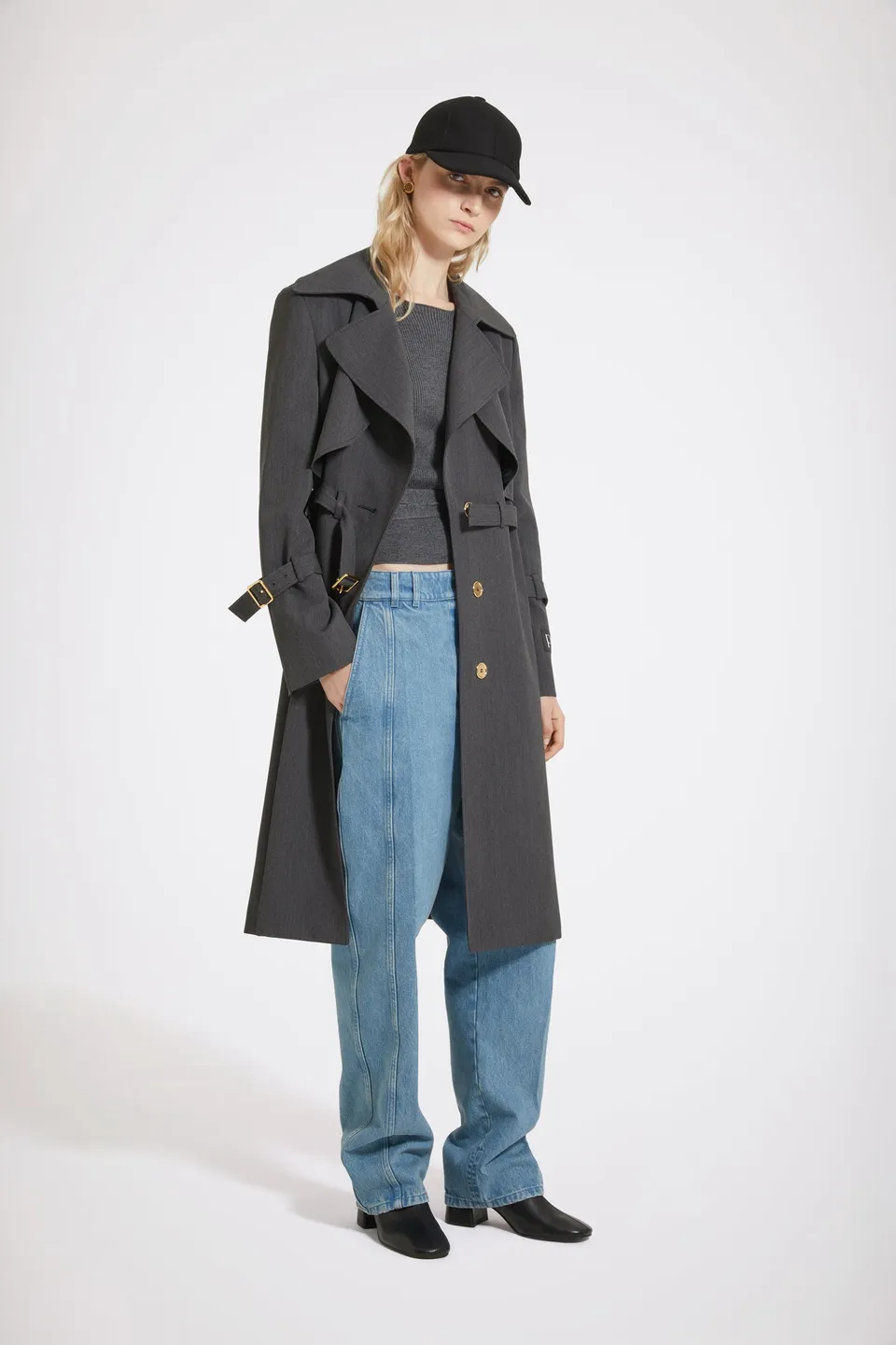 Patou OU025 trench anthracite twill laine ceinturé genou