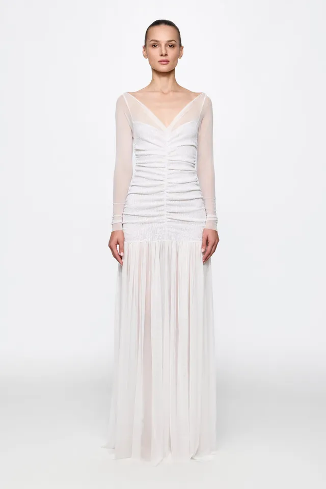 ATU Body Couture Ruched Tulle Gown in white sequins robe