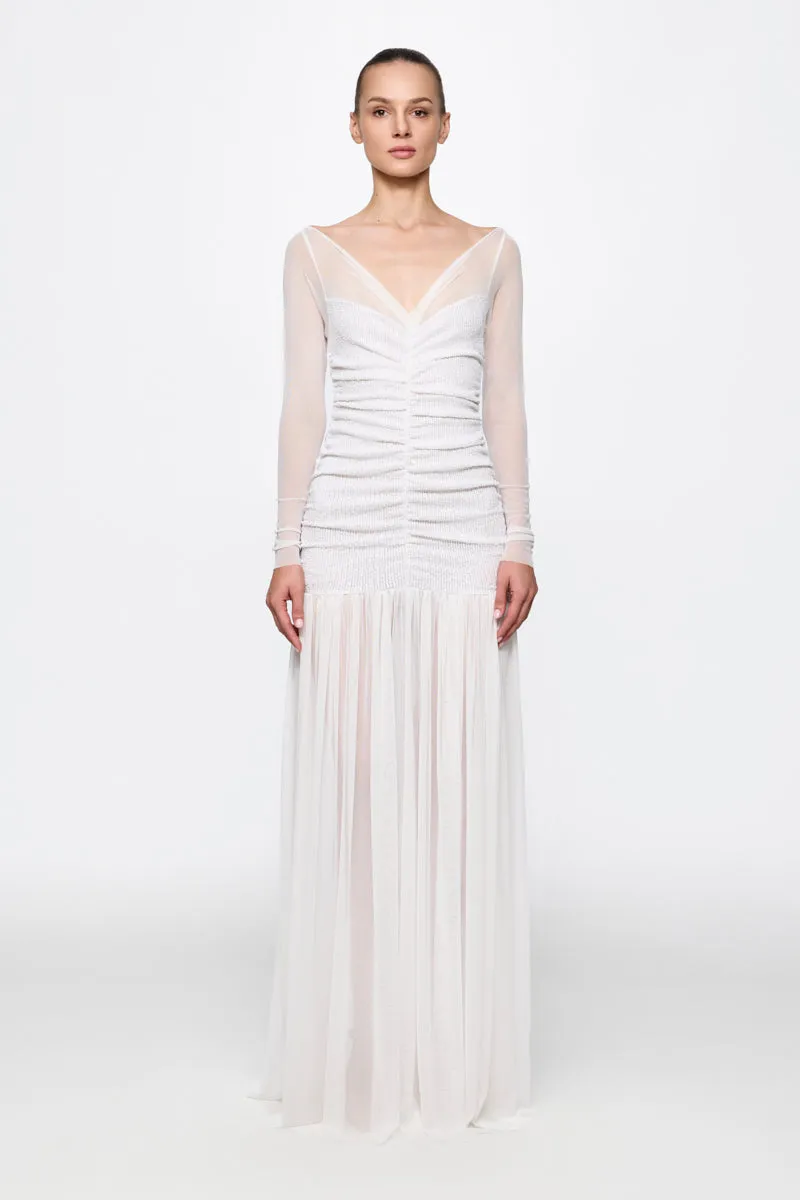 ATU Body Couture Ruched Tulle Gown in white sequins robe