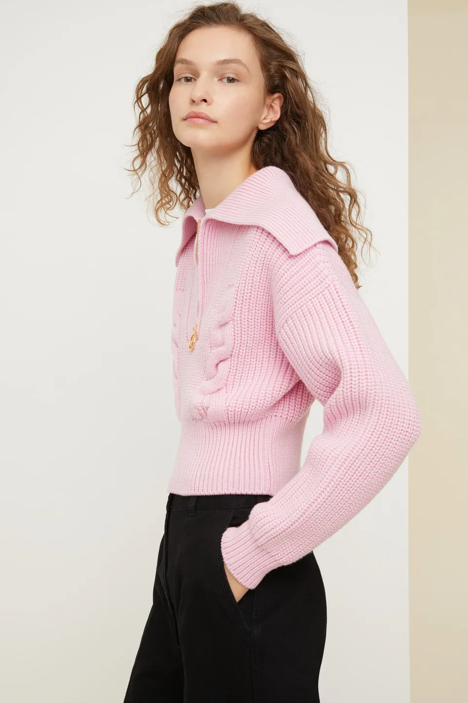 Patou H21KN0398022402P pull laine rose blush col zip