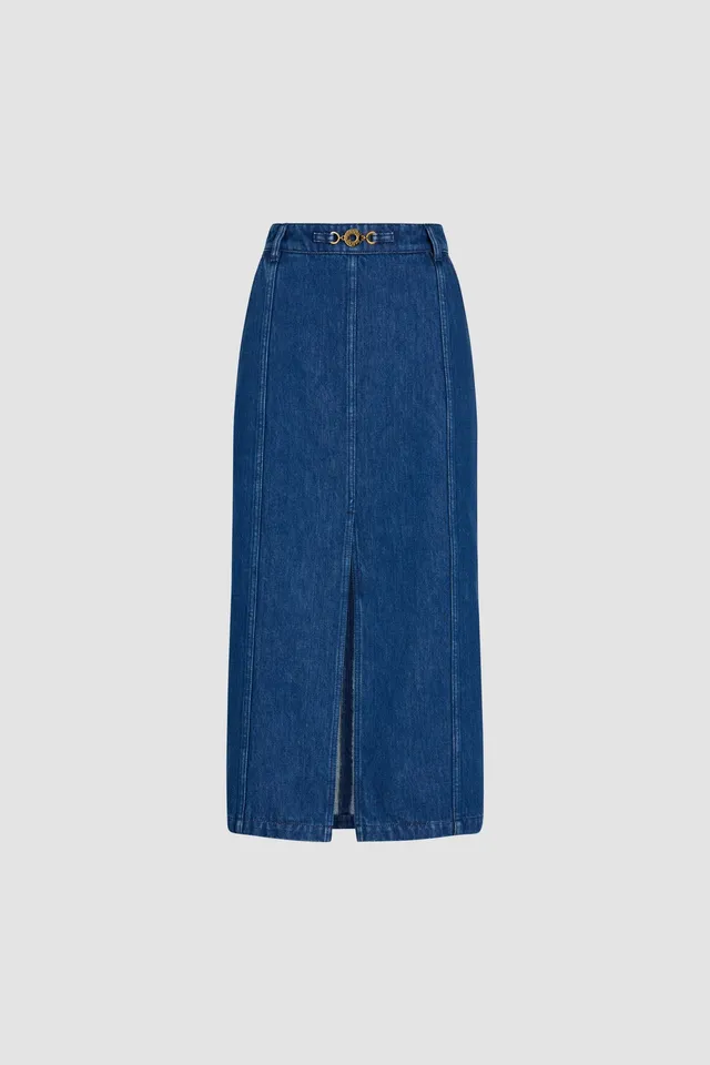 Patou SK050 jupe midi jean stonewash coton bio fente avant