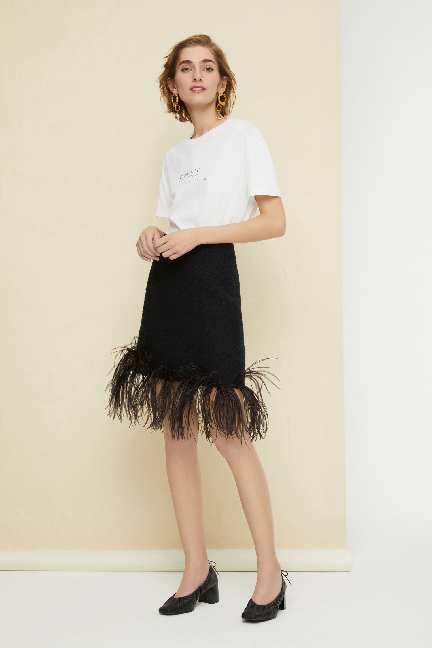 Patou E20SK0120047999B mini jupe tweed coton noir plumes