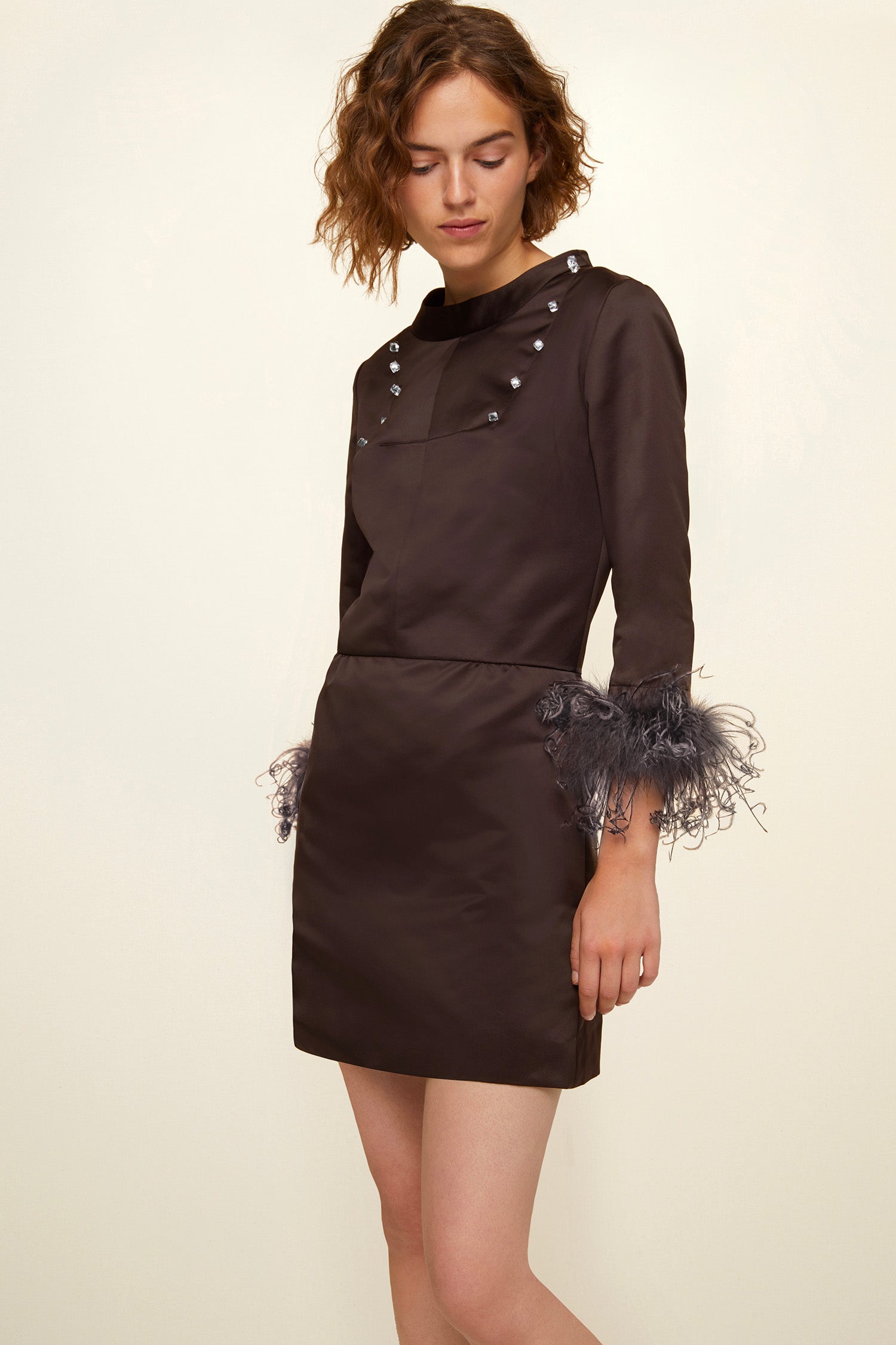 Patou H20DR0020010801B robe satin Havana plumes