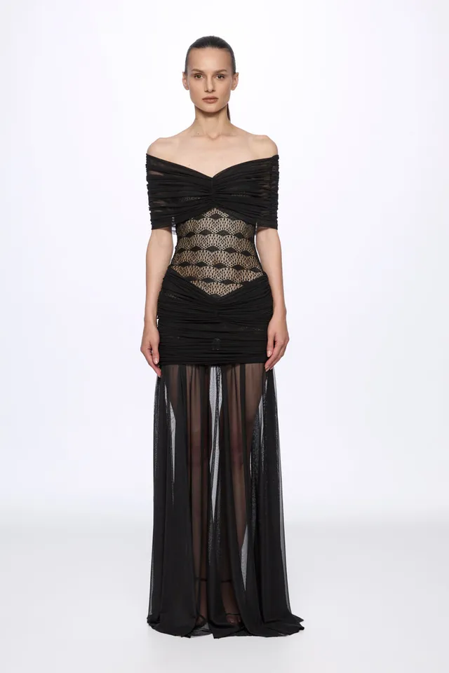 ATU Body Couture Long robe maxi noir dentelle épaules nues S