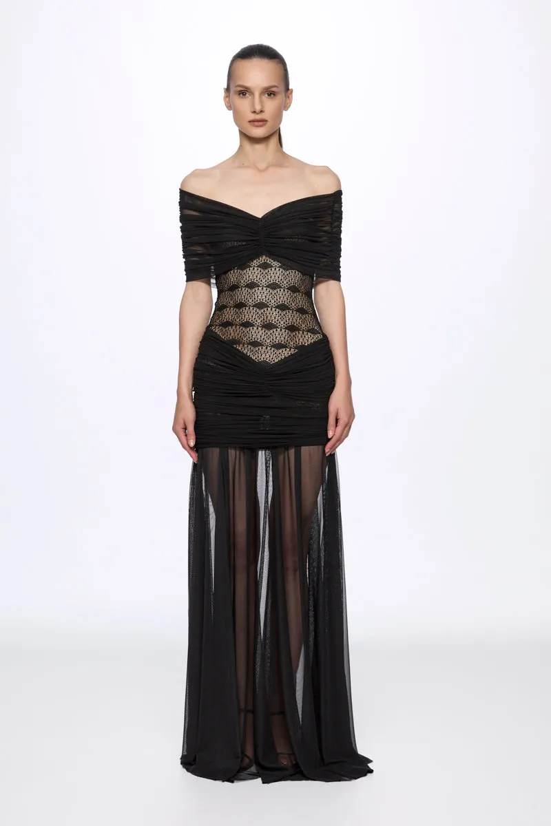 ATU Body Couture Long robe maxi noir dentelle épaules nues S