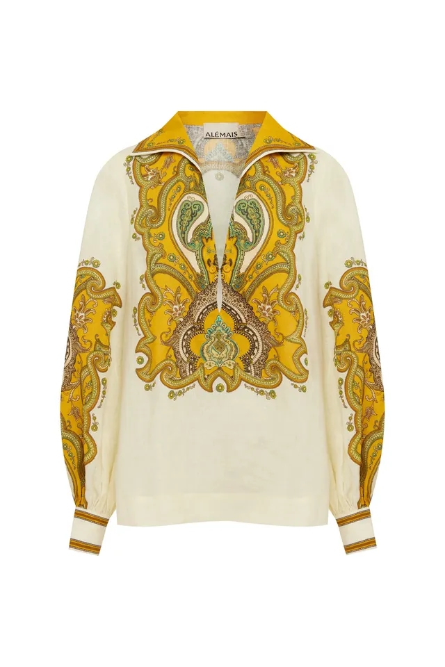Alemäis Porter Top blouse lin col rabattu imprimé paisley