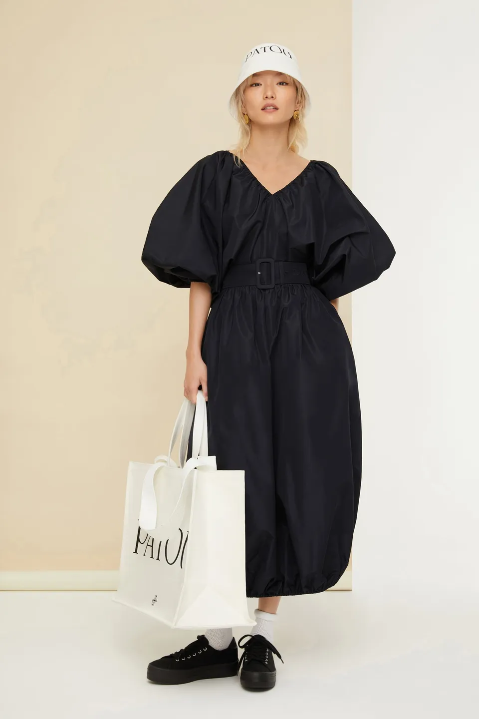 Patou DR085 robe maxi ceinturée bleu nuit faille
