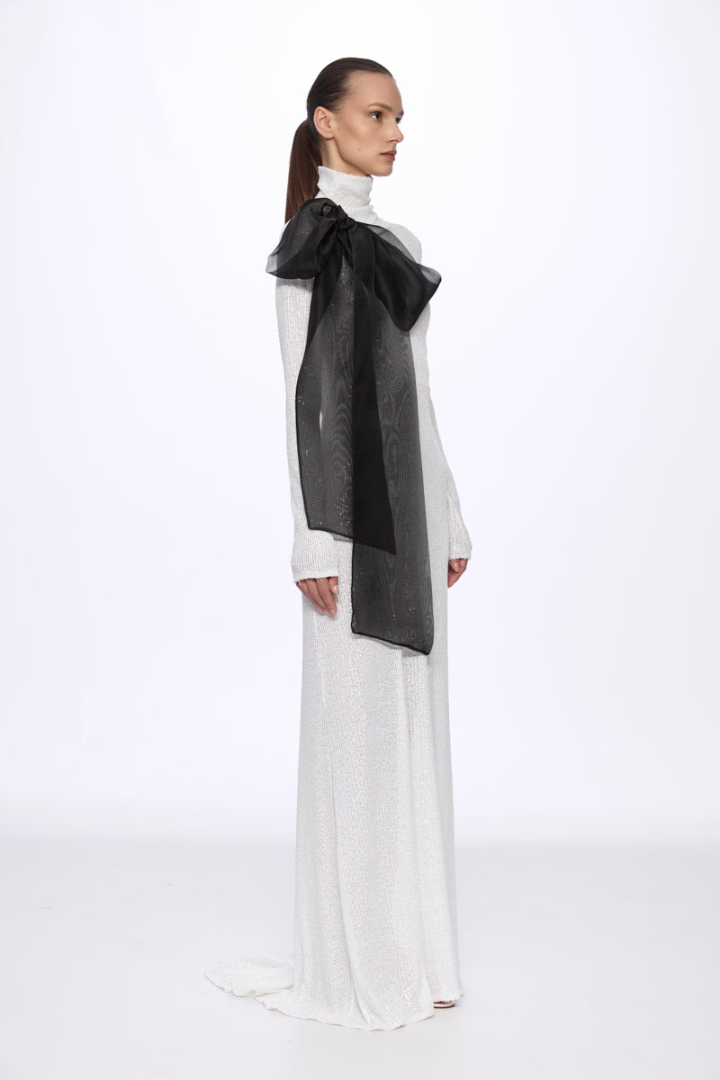 ATU Body Couture robe midi sequins blanche nœud S