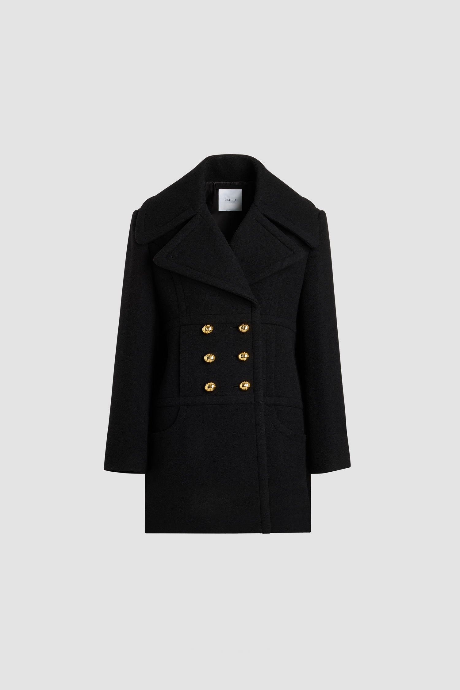 Patou H25CO033 Manteau Croisé Laine Noir Mi-Cuisse