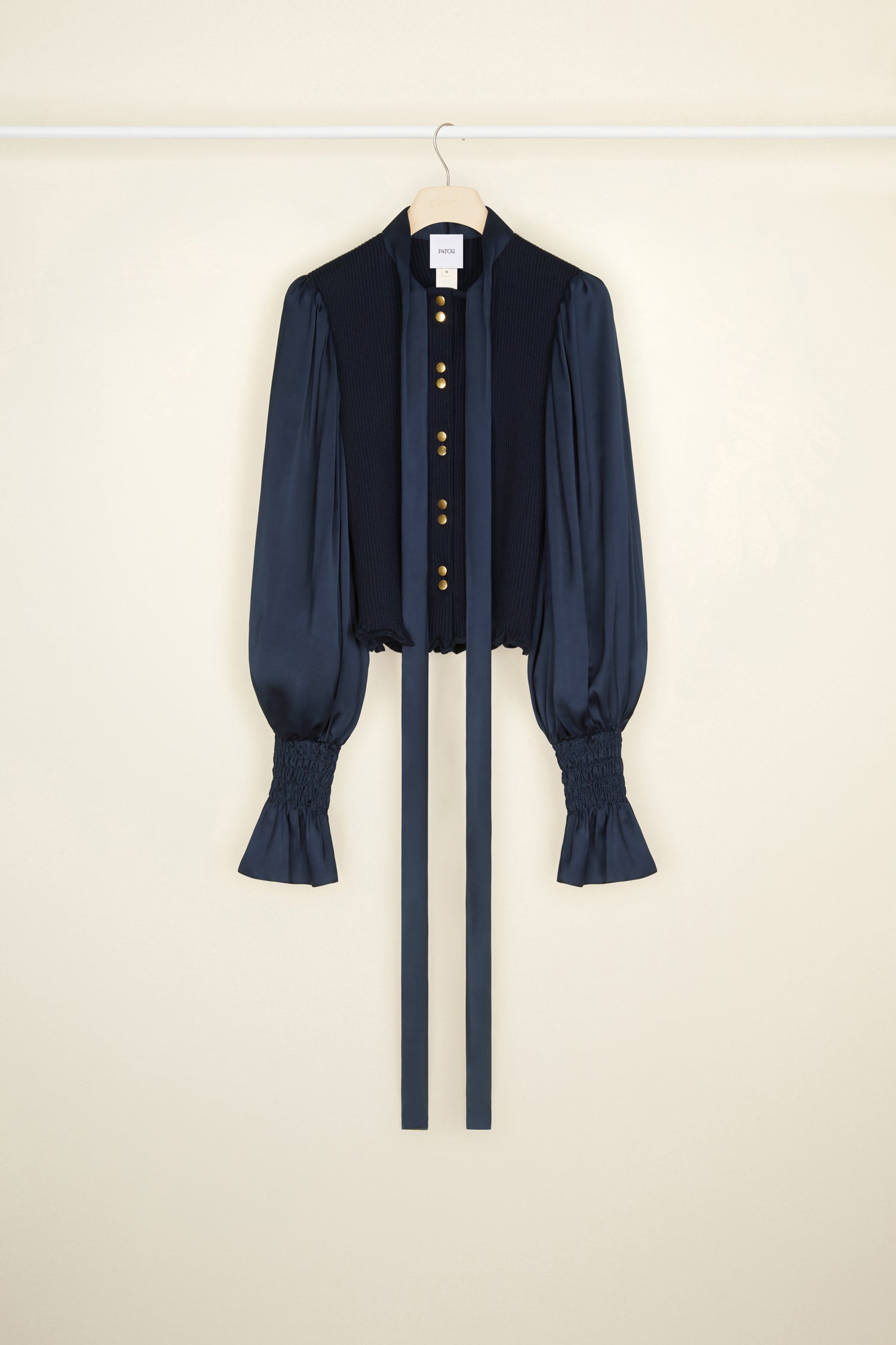 Patou BL014 blouse satin laine Marine manches bouffantes