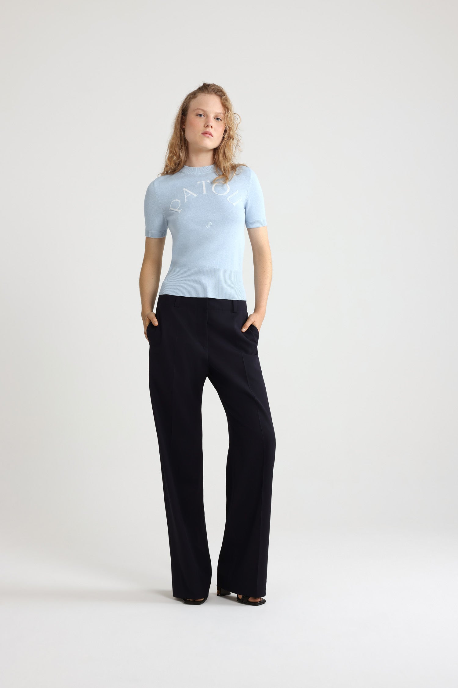 Patou Knitwear KN068 top jacquard coton bleu Skylight