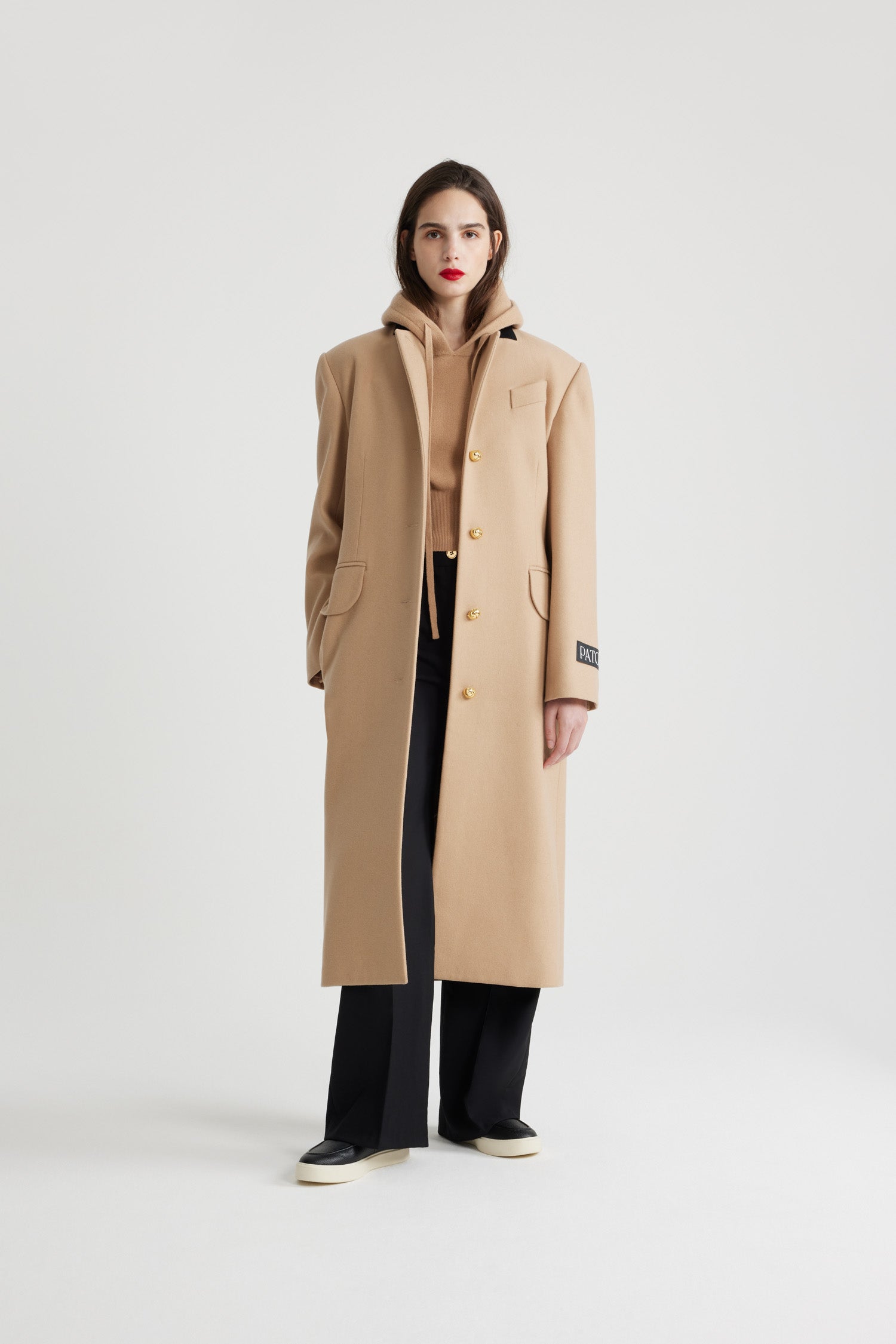 Patou CO024 manteau laine cachemire Beige long droit ceinturé