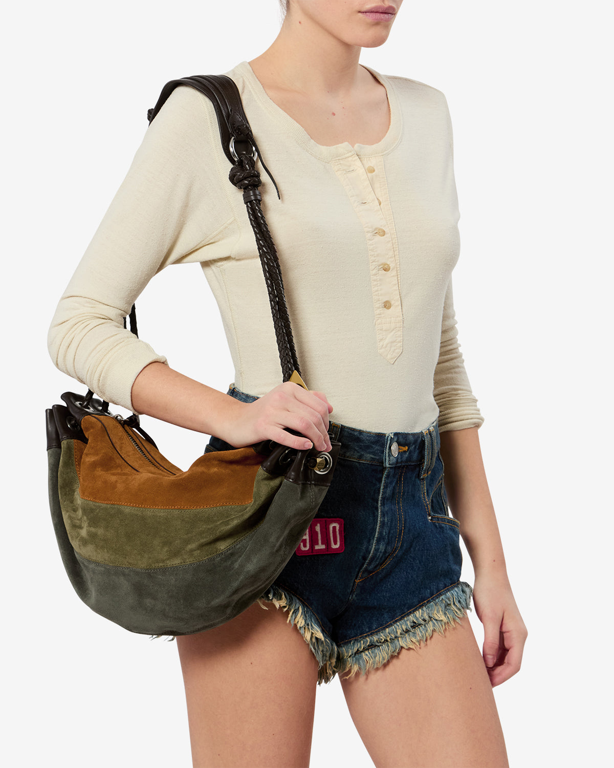 Isabel Marant Maia Medium sac kaki velours patchwork
