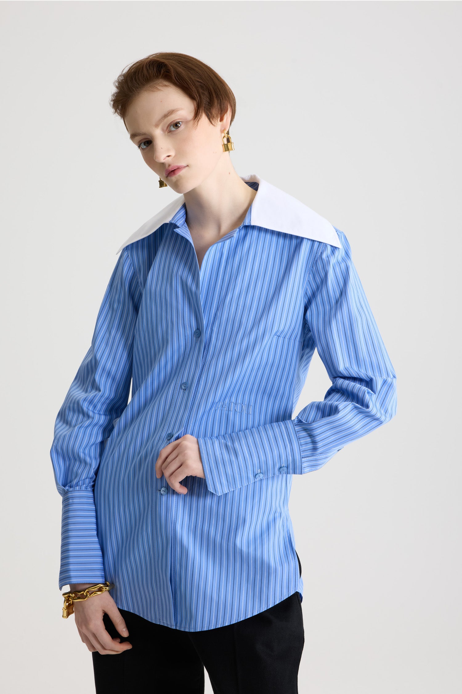 Patou BL048 Blouse Popeline Coton Bio Bleu Glace Rayé