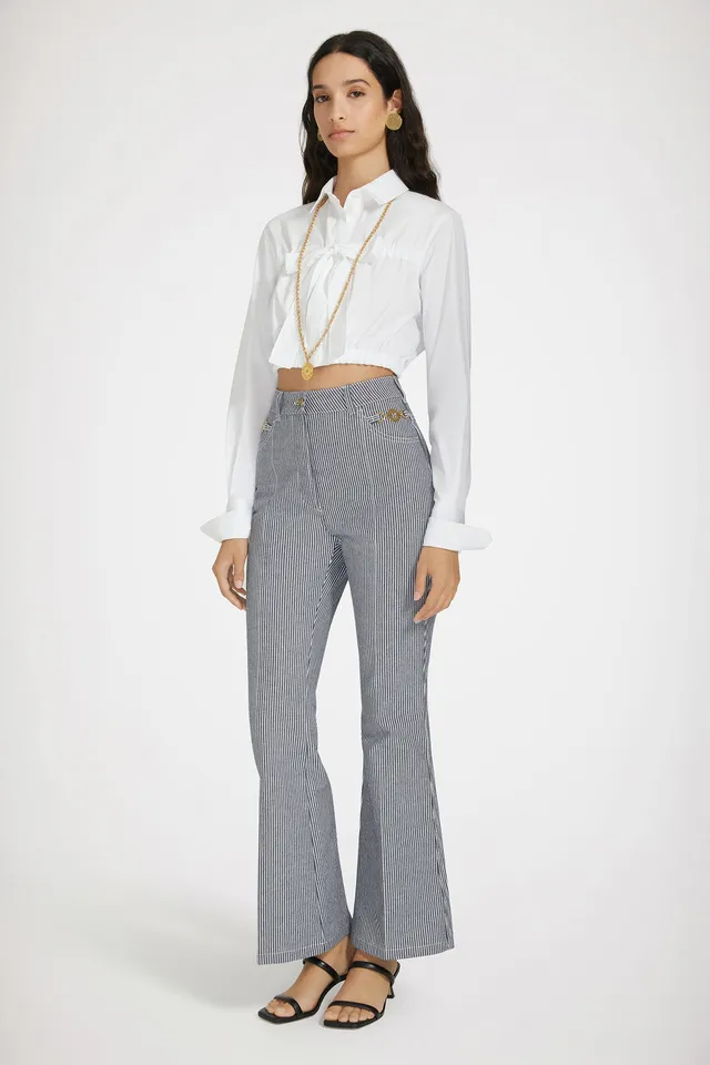Patou TR030 Pantalon Denim Rayé Marine Évasé