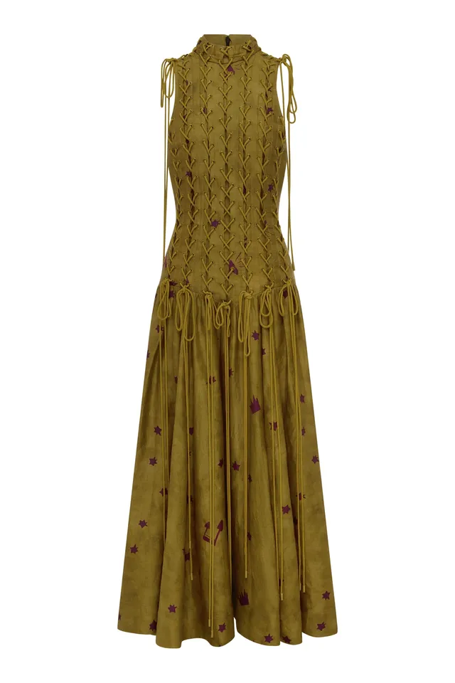Alemäis Astro Gown Olive robe longue lin motif étoiles