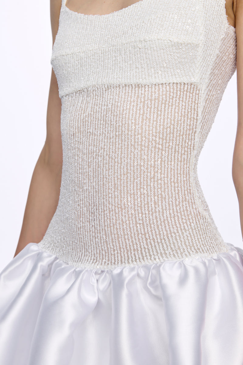 ATU Body Couture Sequins and Feathers robe midi sequins corset blanche