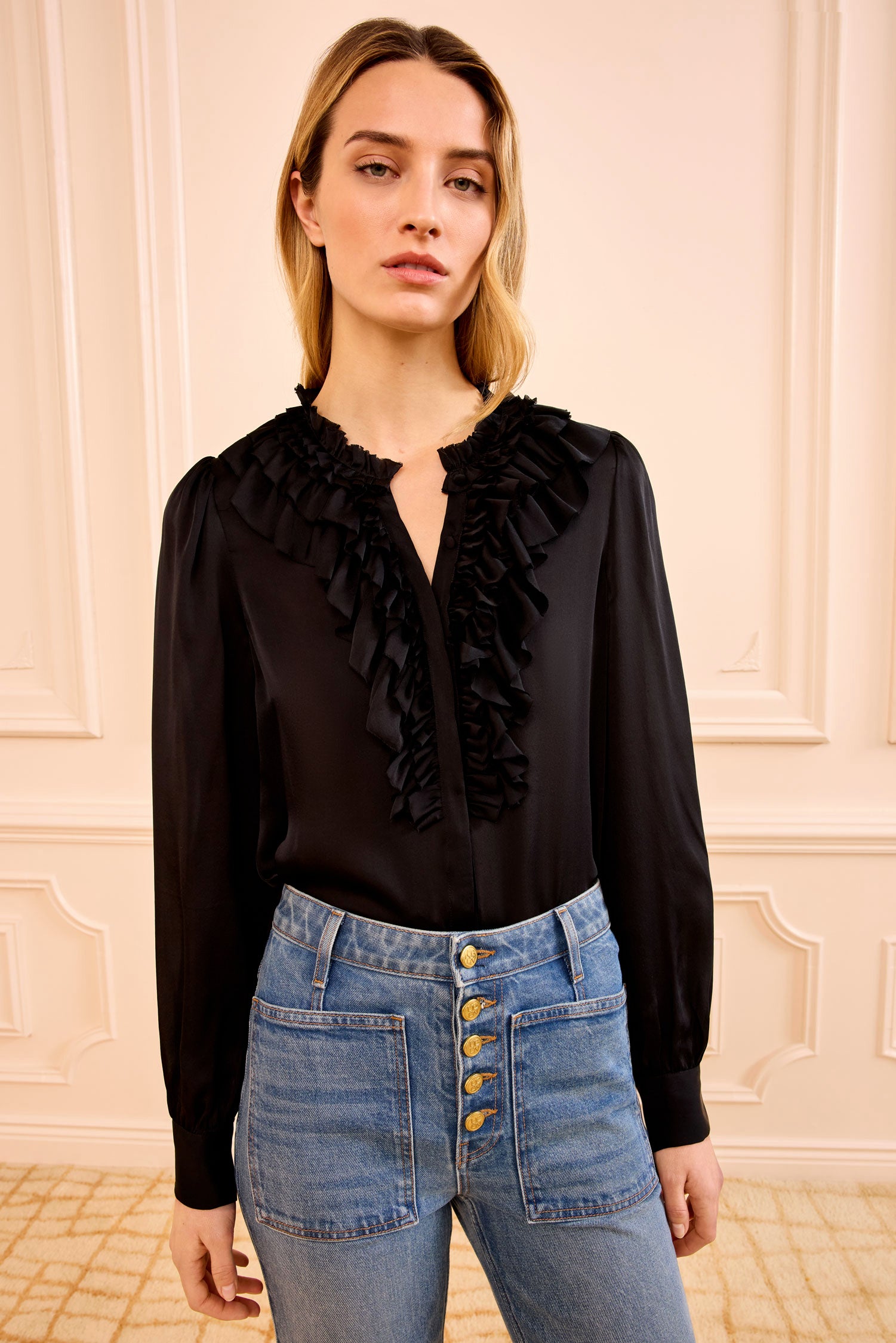 Ulla Johnson Rouen chemisier soie Noir volants manches longues