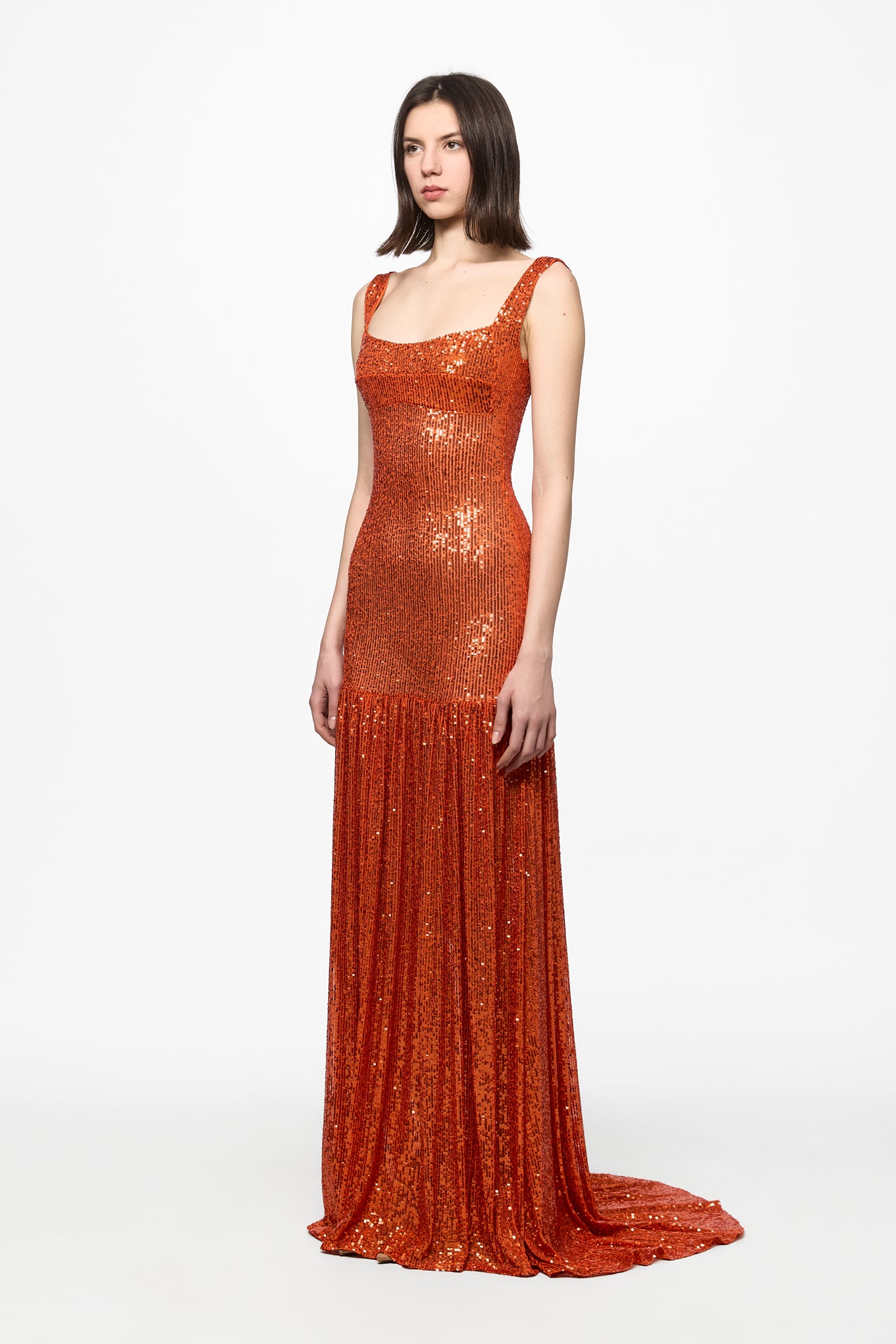 ATU Body Couture Sequins and Feathers robe maxi orange plumes taille S