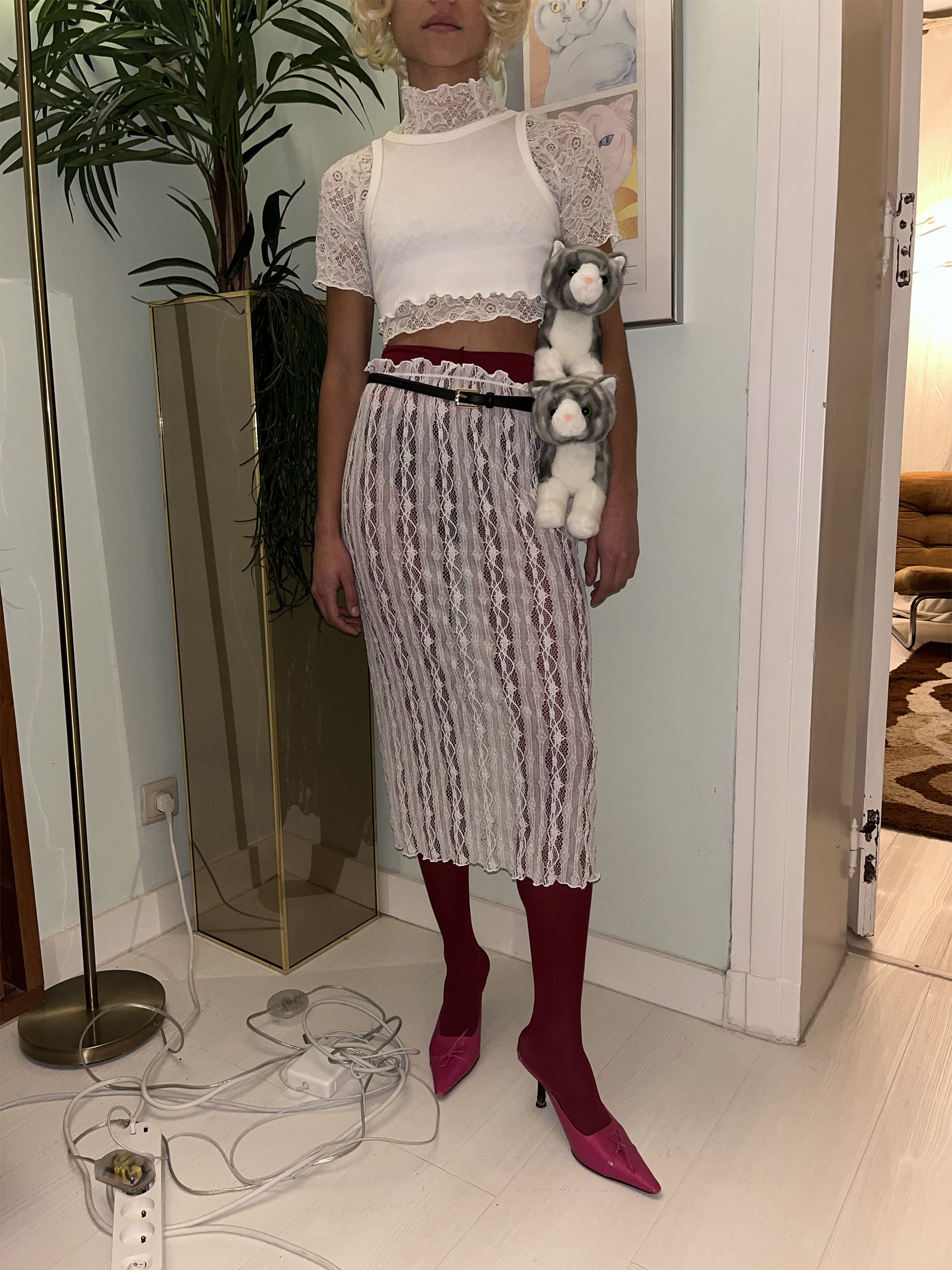 Ester Manas Lace Skirt jupe midi crème dentelle rayée stretch