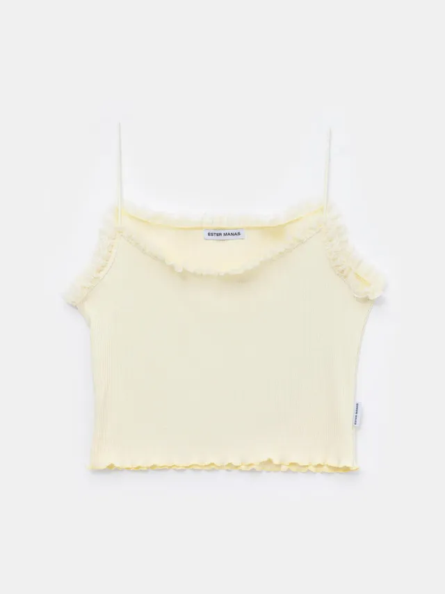 Ester Manas Mimosa caraco jaune dentelle crop top