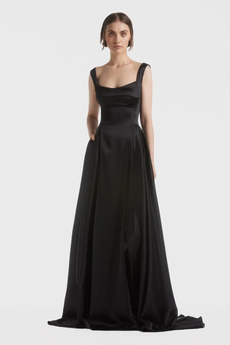 ATU Body Couture Black Satin Finish Gown robe longue satin noir