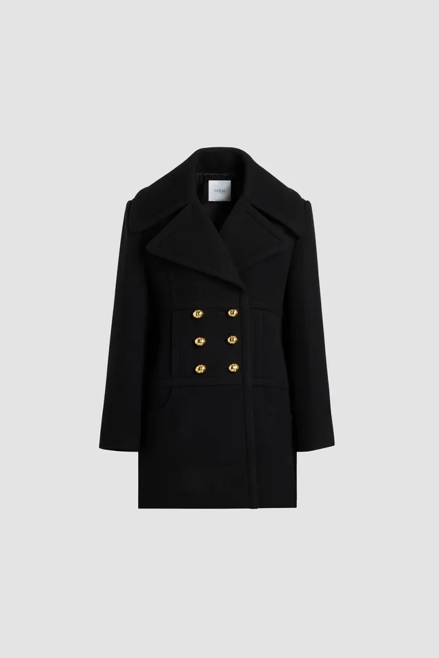 Patou H25CO033 Manteau Croisé Laine Noir Mi-Cuisse