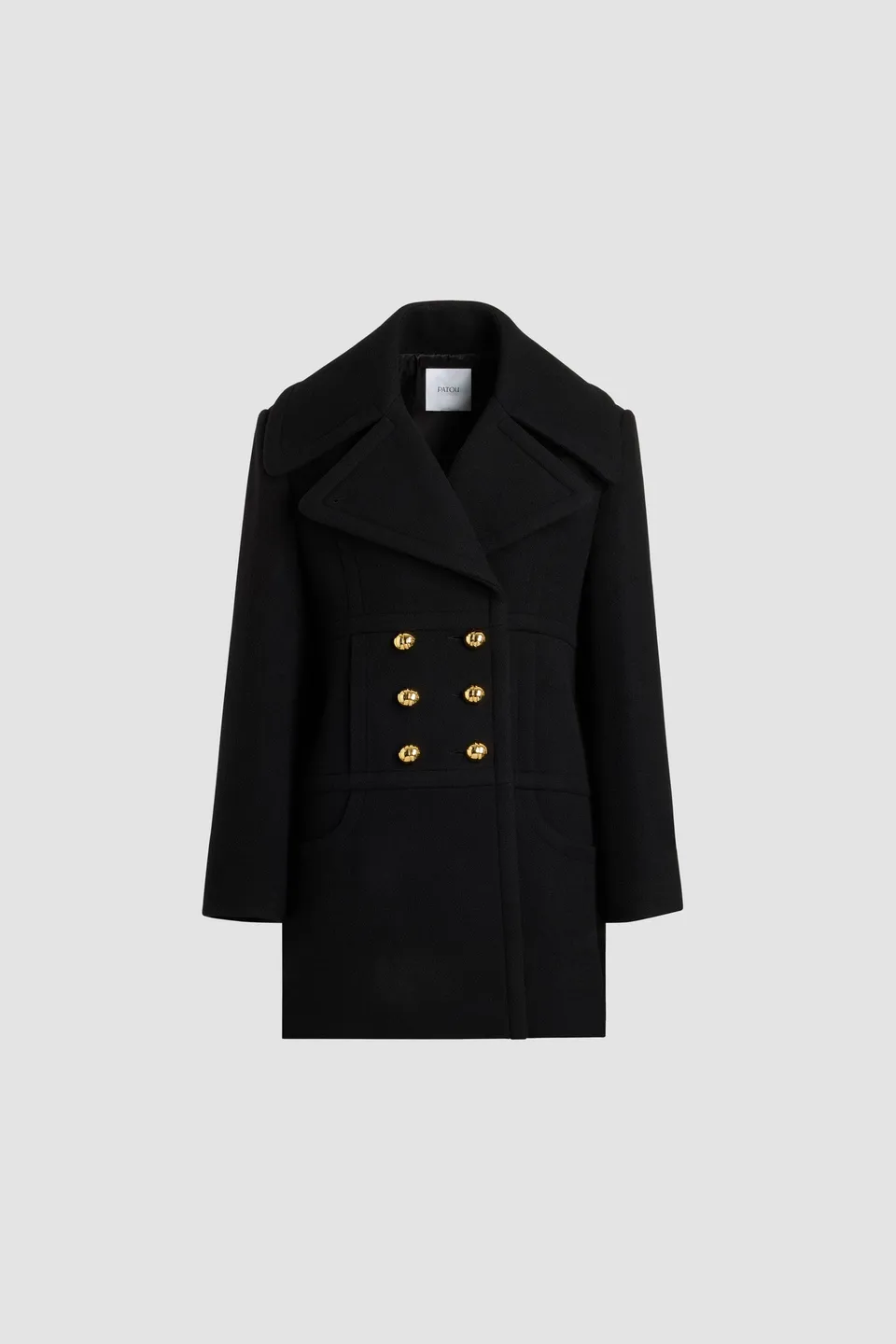 Patou H25CO033 Manteau Croisé Laine Noir Mi-Cuisse