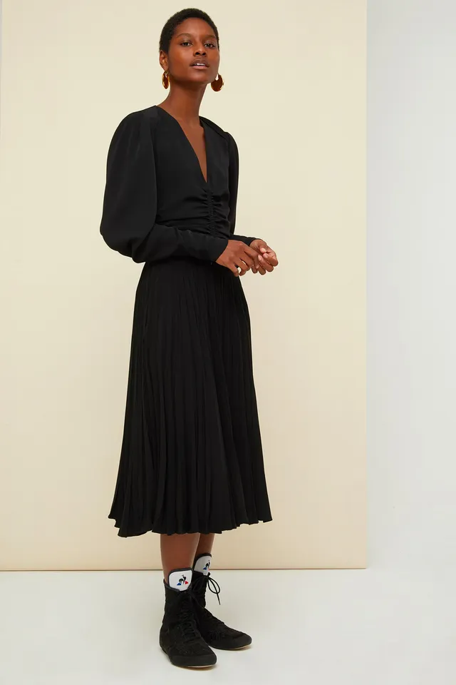 Patou DR010 Robe Midi Cady Noire Col Torsadé Plissée