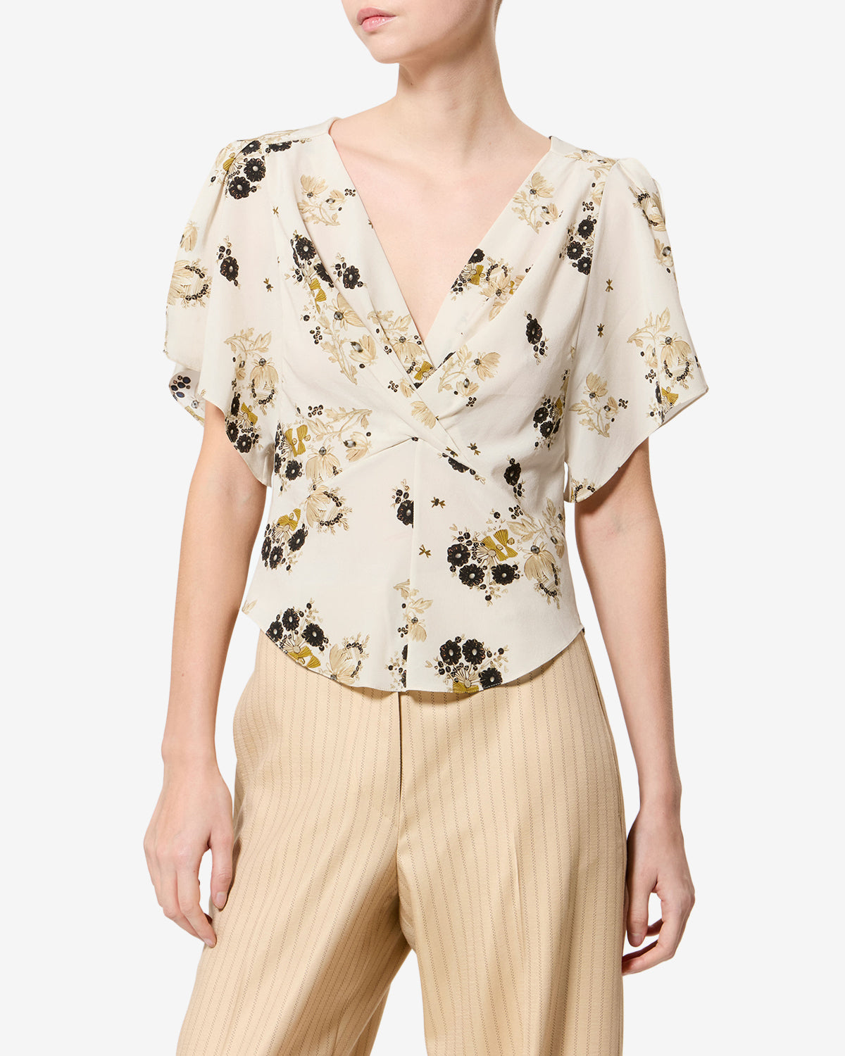 Isabel Marant Faljane top écru soie stretch fleuri col V
