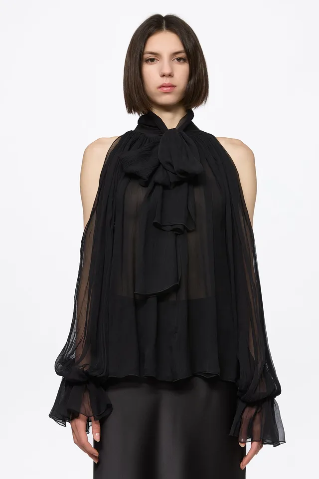 ATU Black Chiffon Shirt chemisier noir S soie