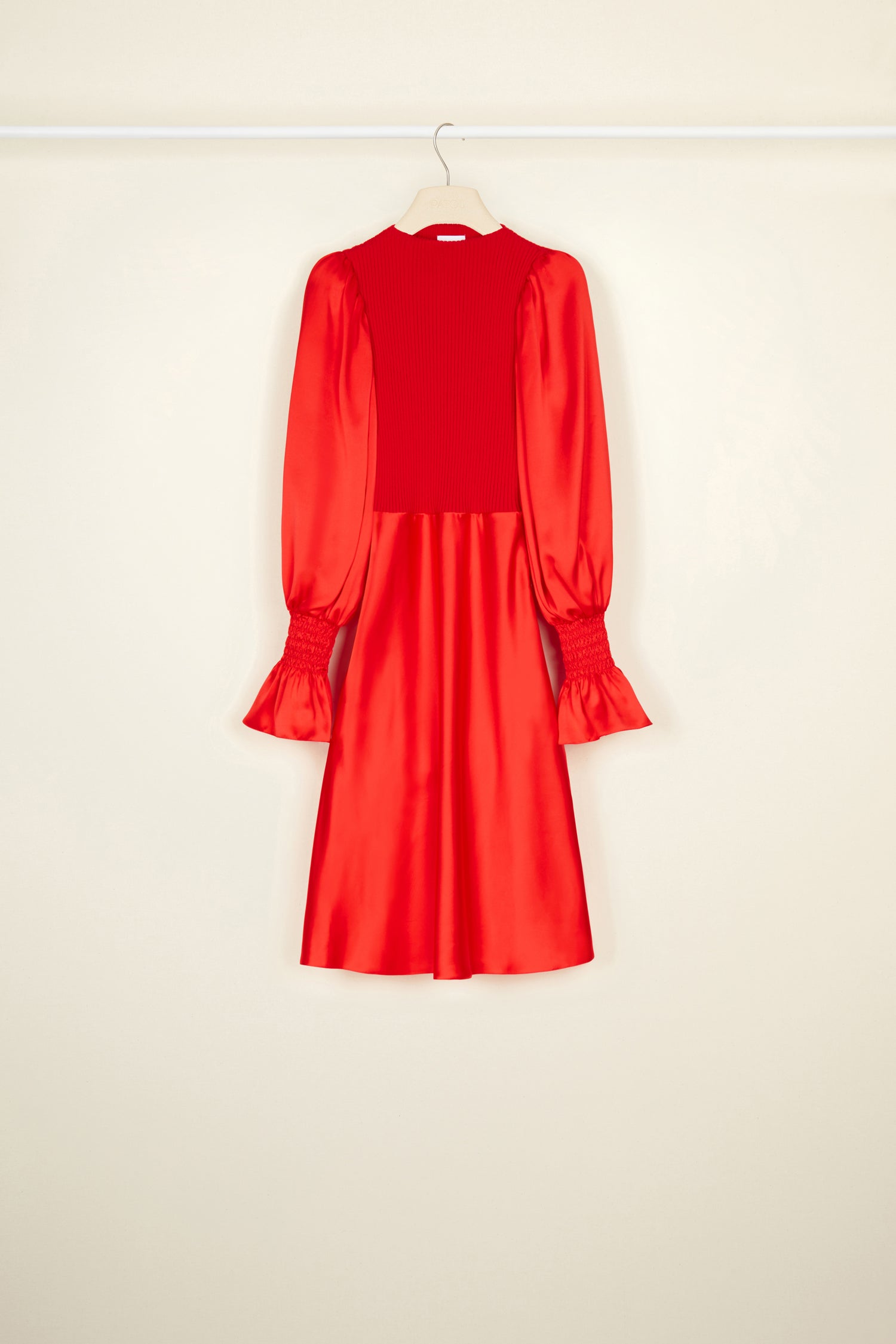 Patou A21DR080 robe satin laine manches bouffantes Poppy