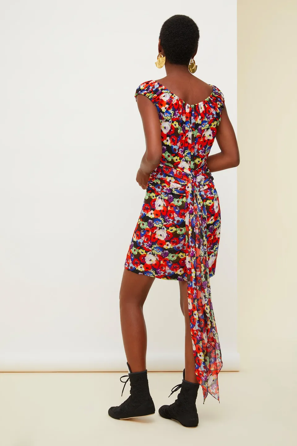 Patou DR014 robe en soie imprimé fleurs épaules nues