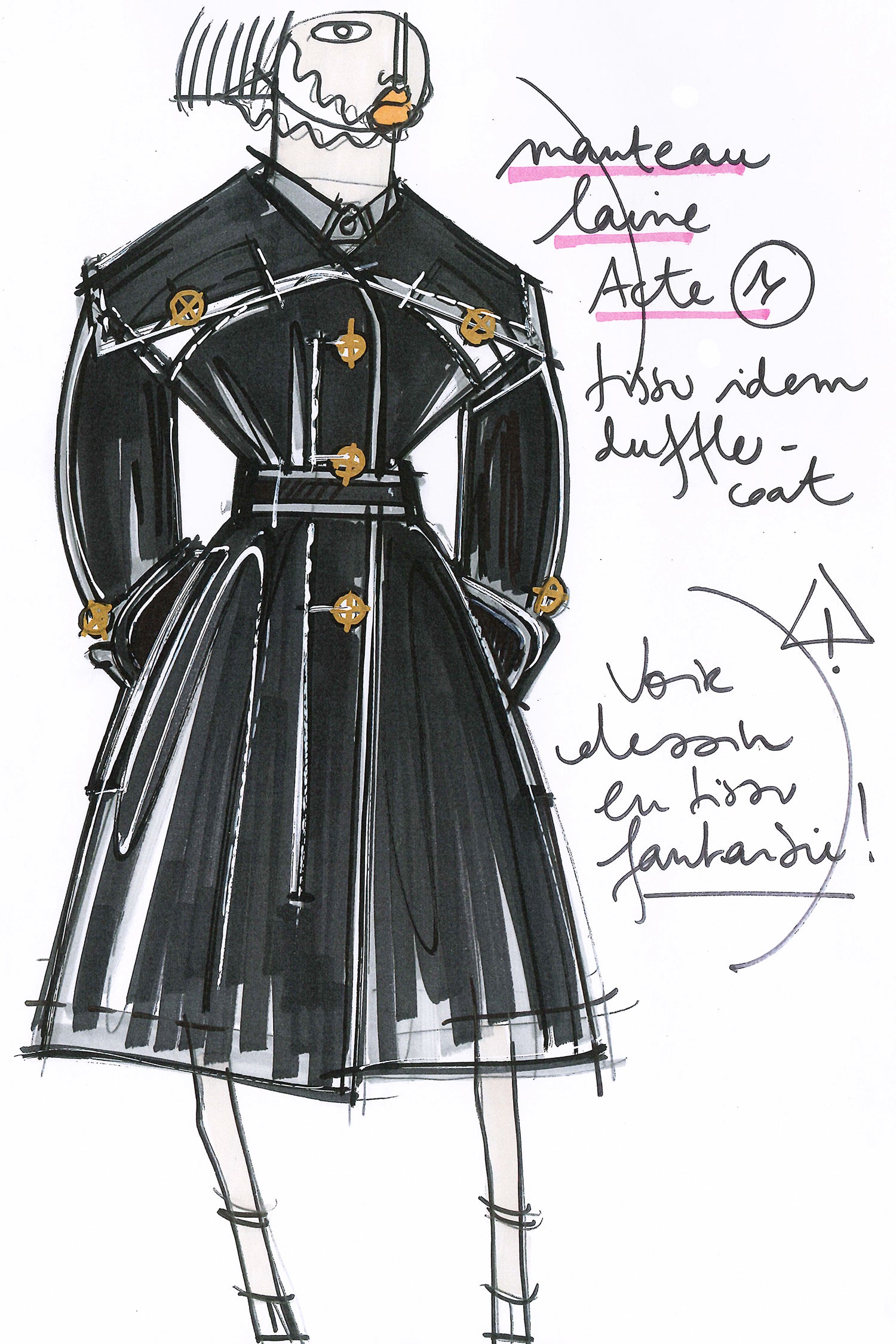Patou CO007 manteau laine cachemire noir ceinturé
