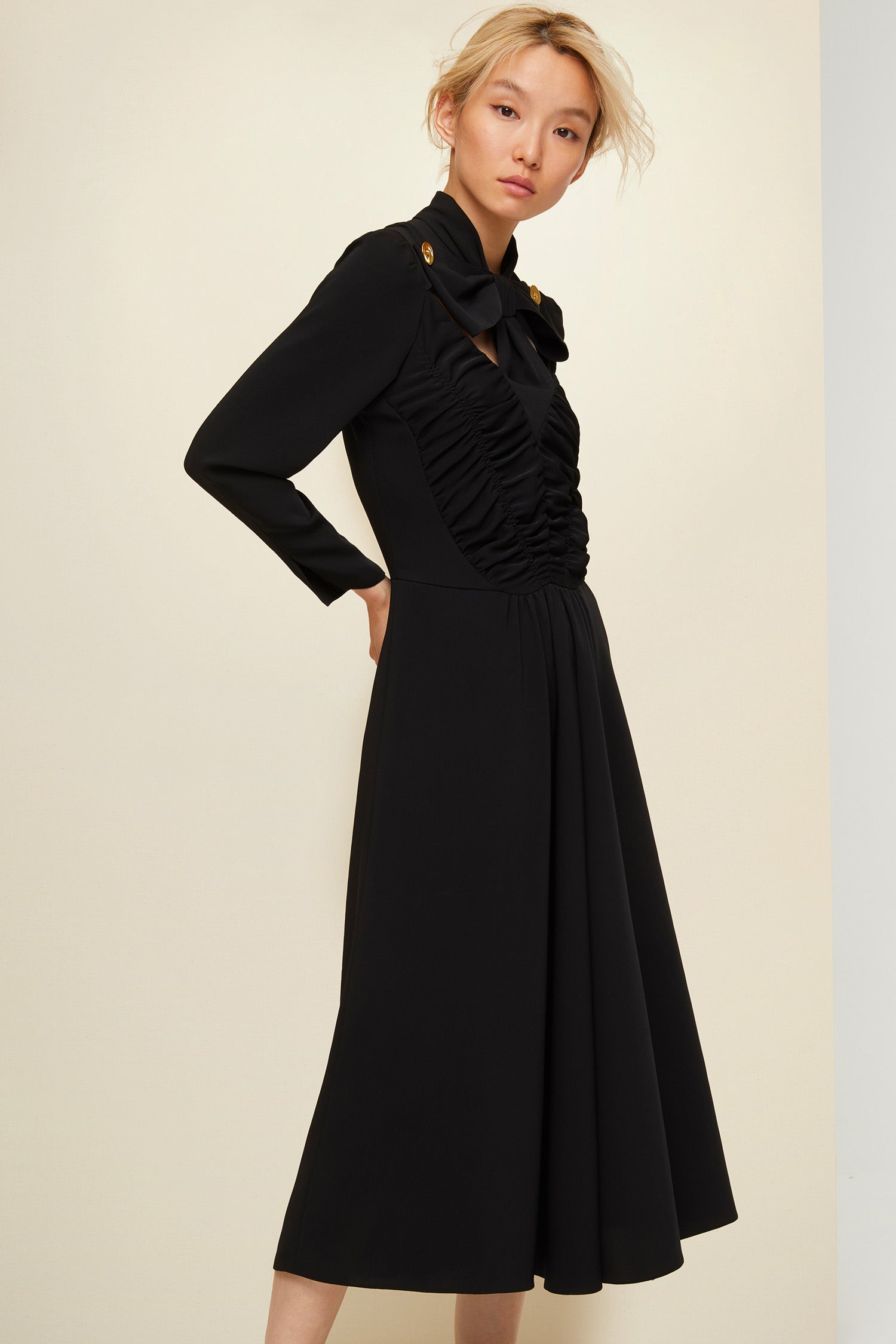 Patou DR020 robe midi noire cady cut-out nœud 34-44