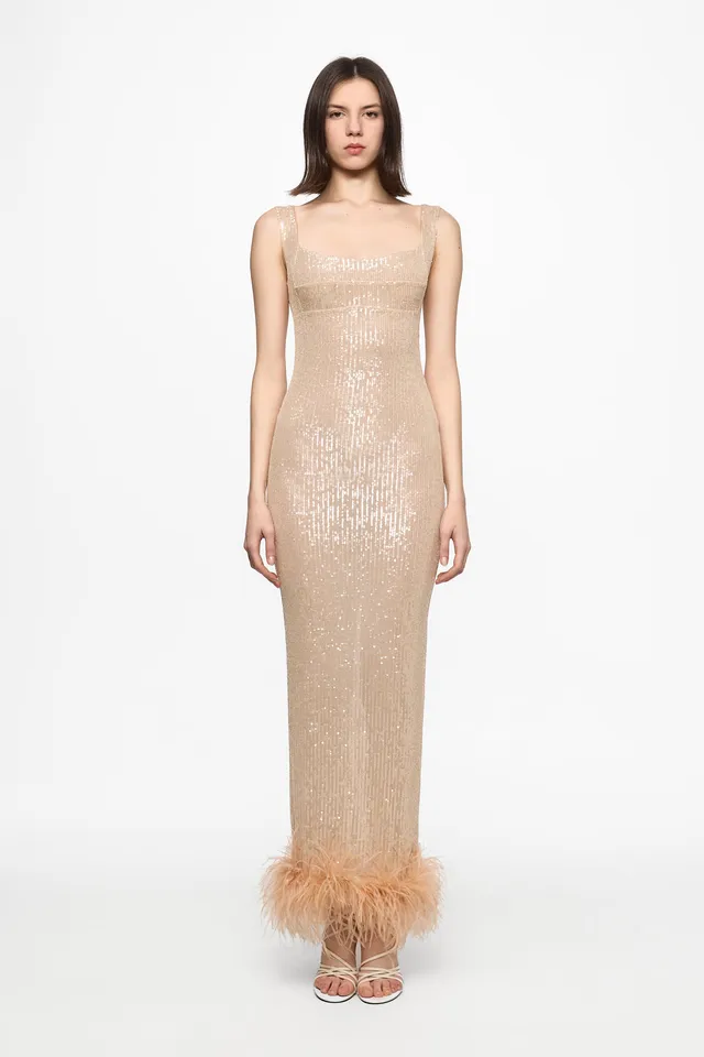 ATU Body Couture Sequins robe midi sequins nude plumes col montant