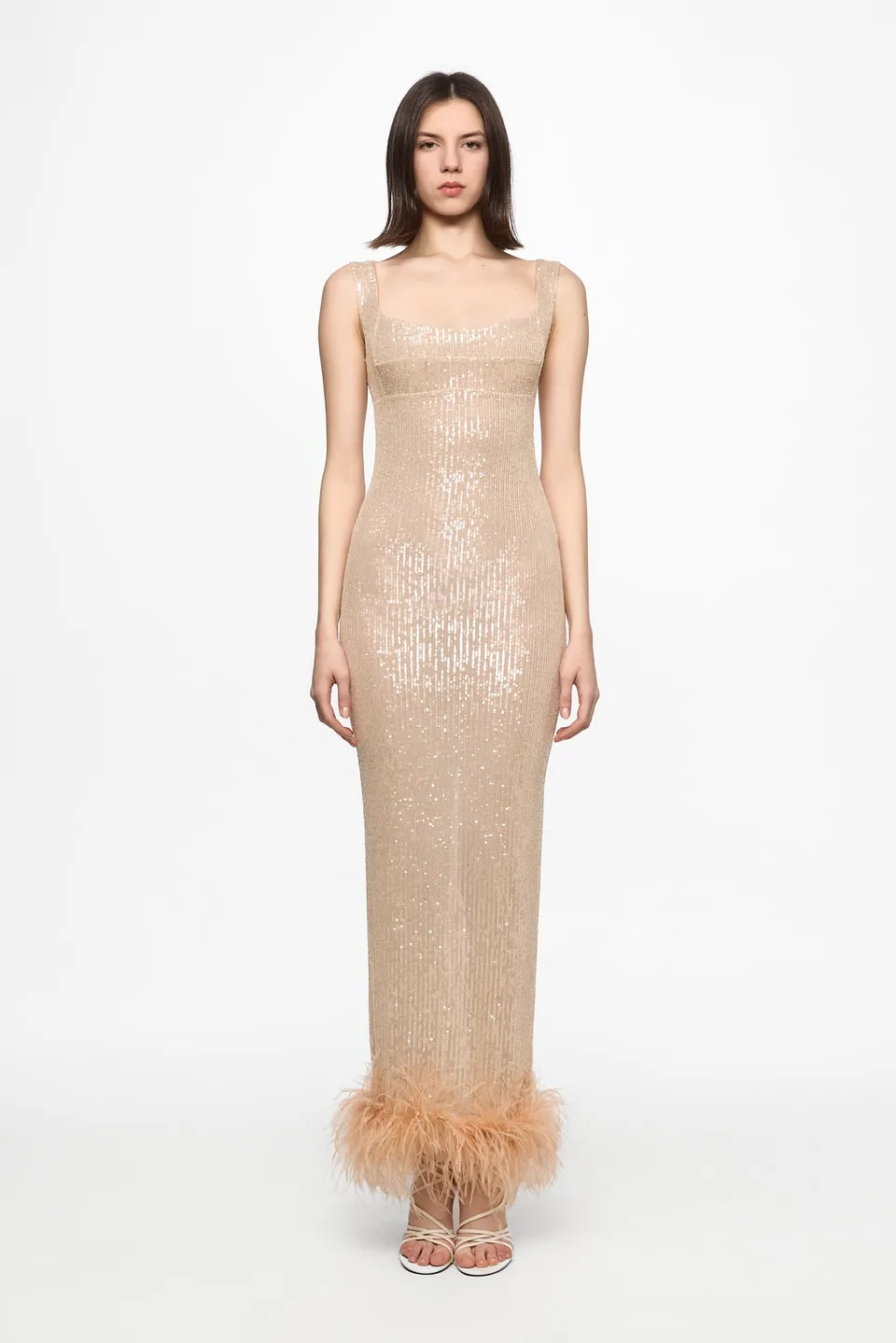 ATU Body Couture Sequins robe midi sequins nude plumes col montant