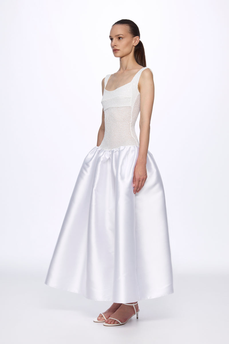 ATU Body Couture Sequins and Feathers robe midi sequins corset blanche