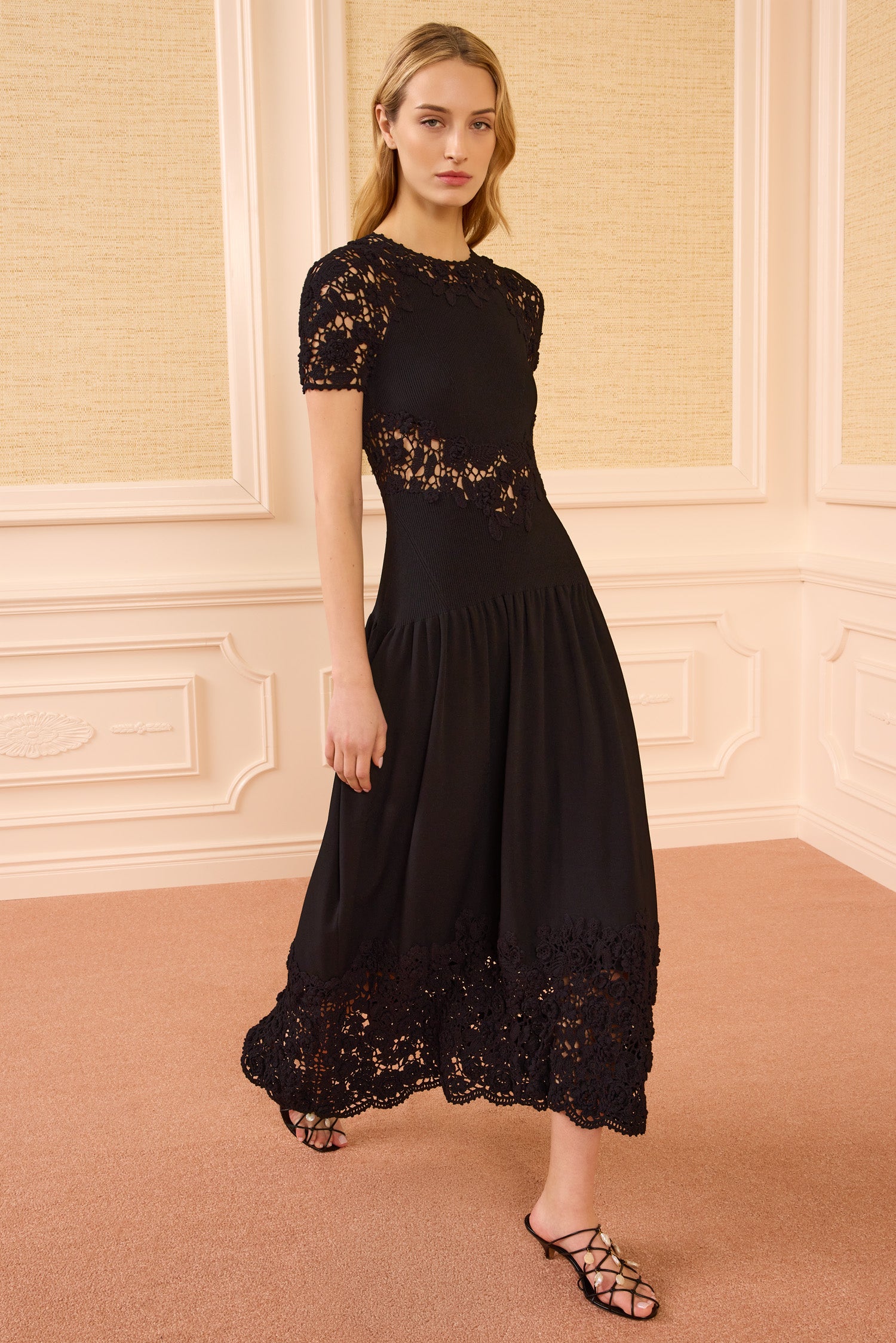 Ulla Johnson Sabrina Robe Crochet Noir Midi Évasée